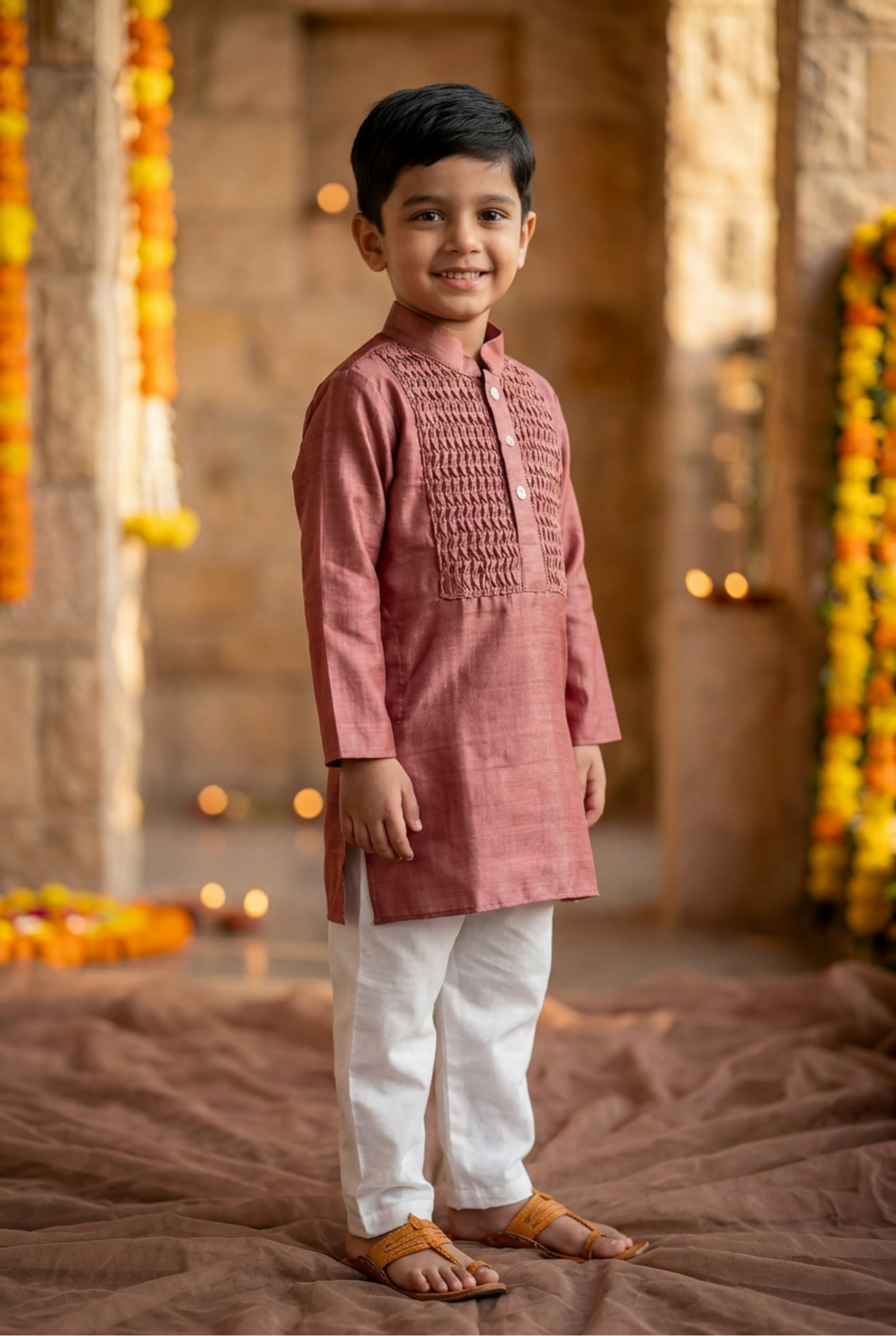Honey comb kurta sei-Old rose