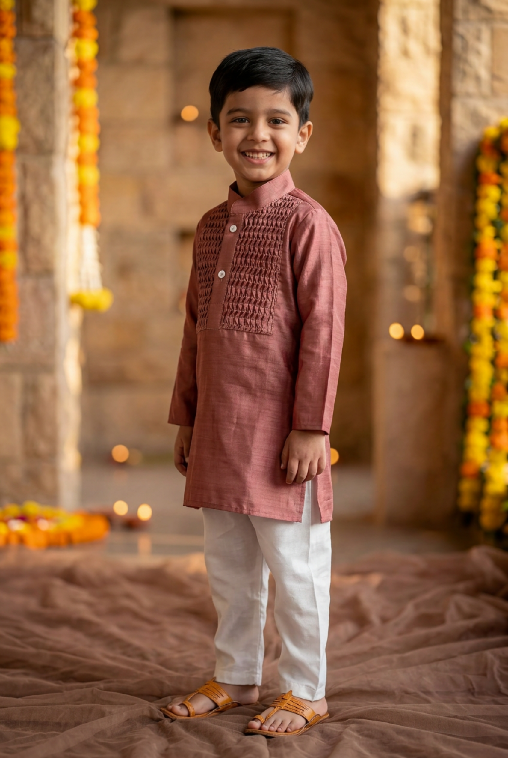 Honey comb kurta sei-Old rose