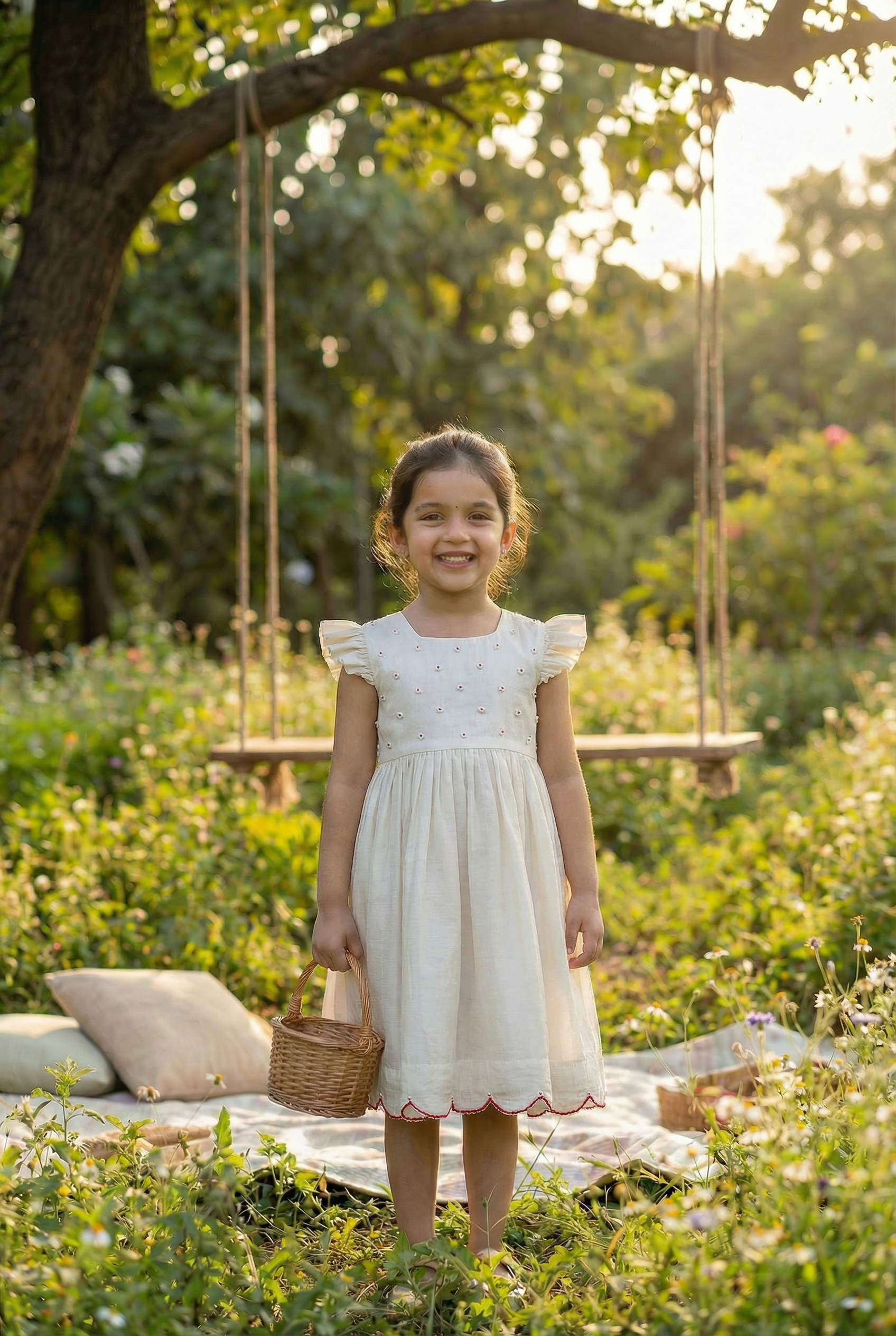 Bunny Tie Scallop Dress- Pearl