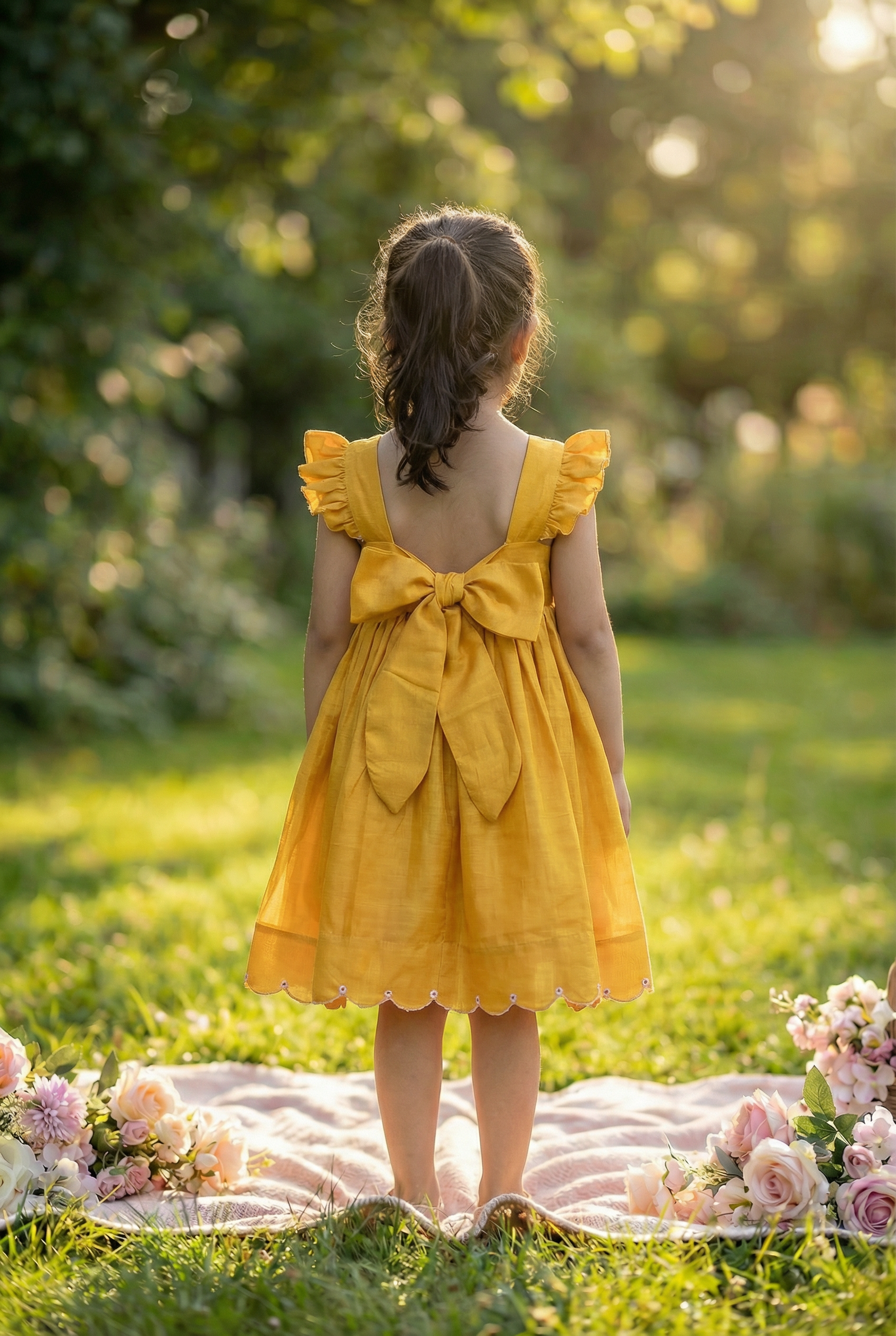Bunny Tie Scallop Dress- Marigold