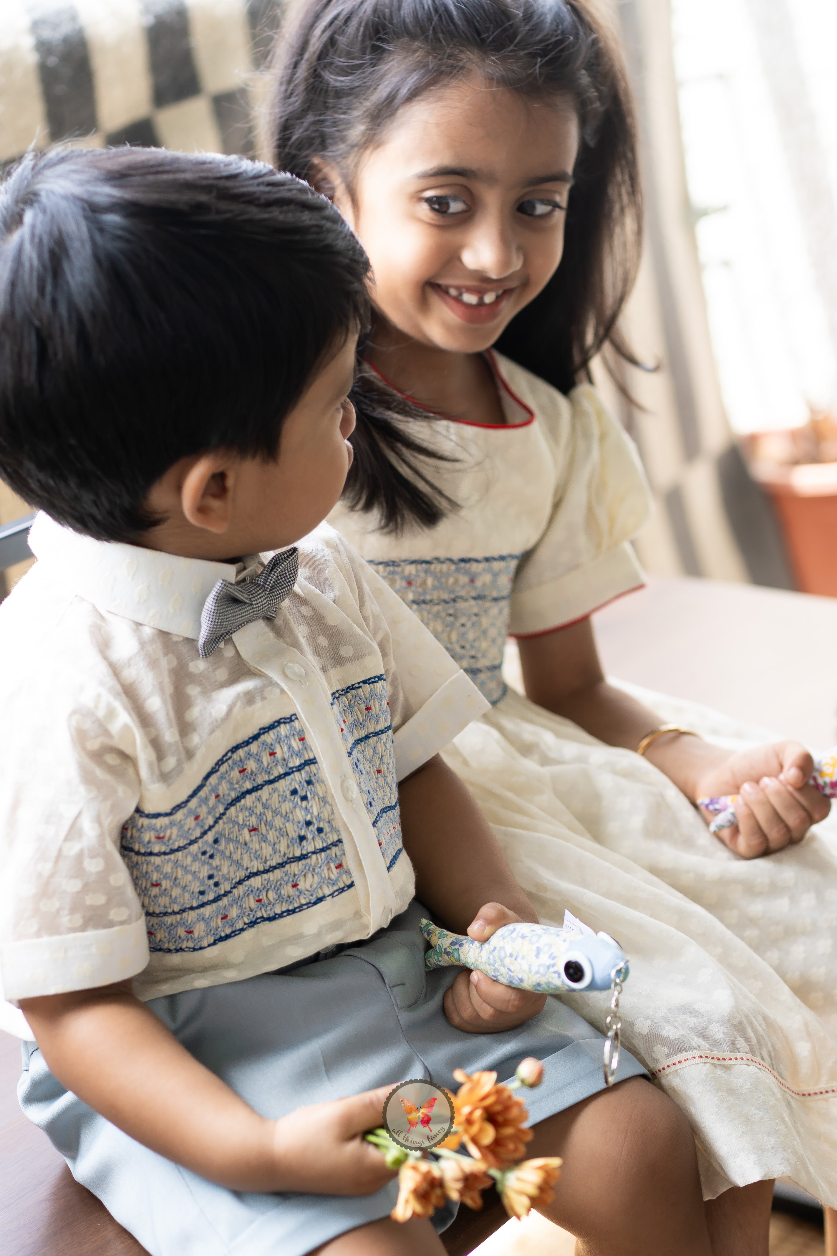 Ivory & Blue Handsmocked Shirt Set