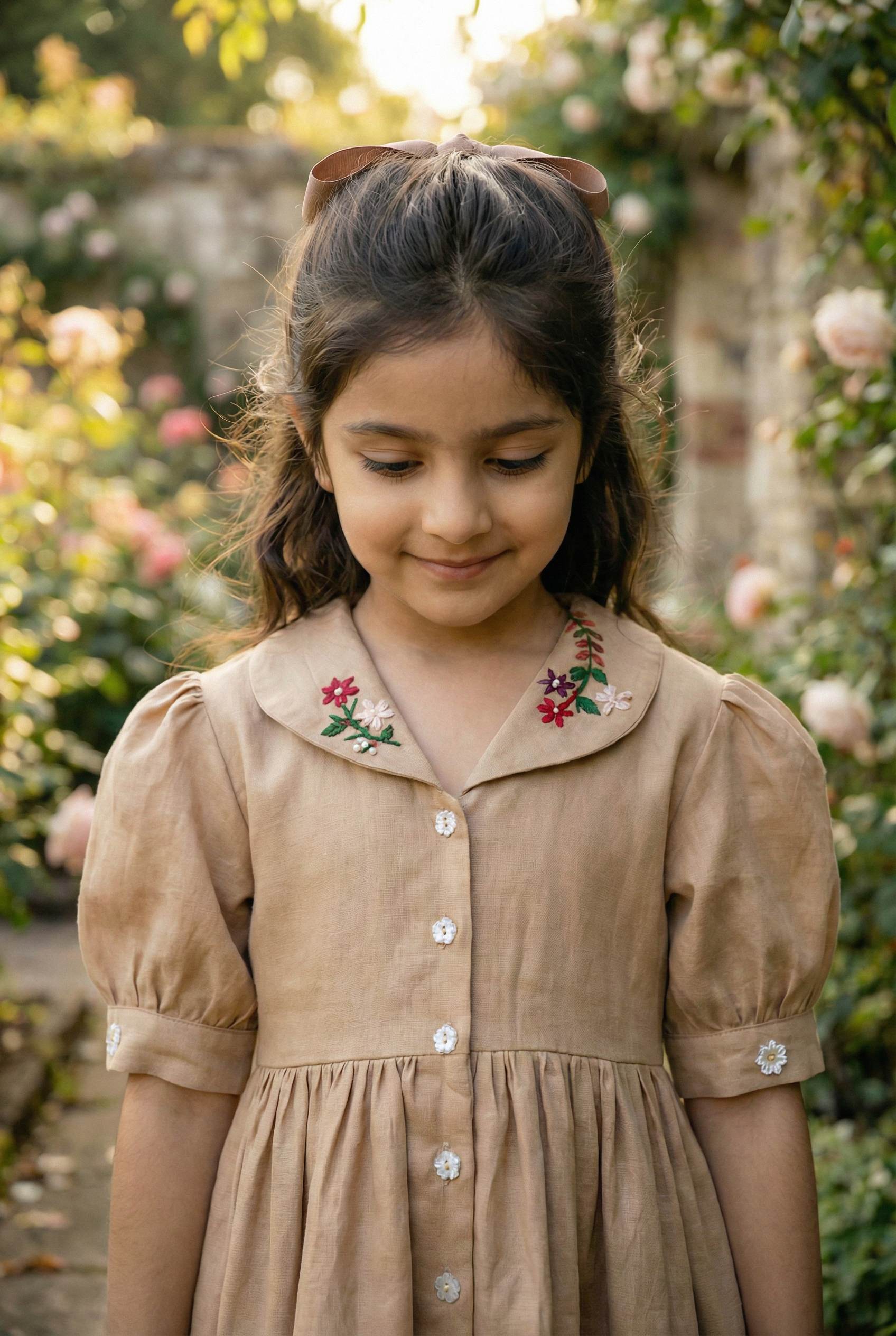 Embroidered Collar Shirt Dress- Beige