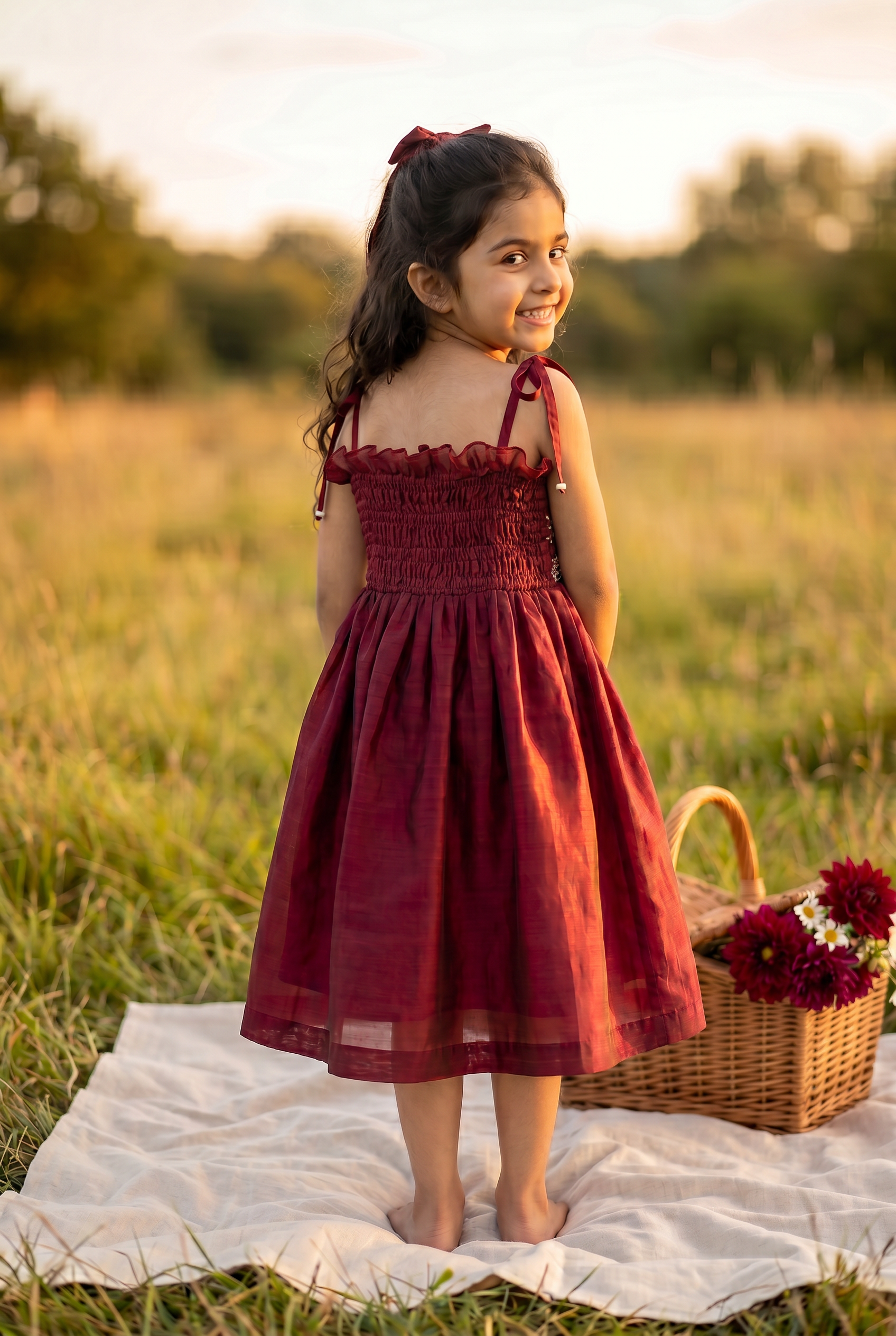 Red Noodle Strap Smocked Dress