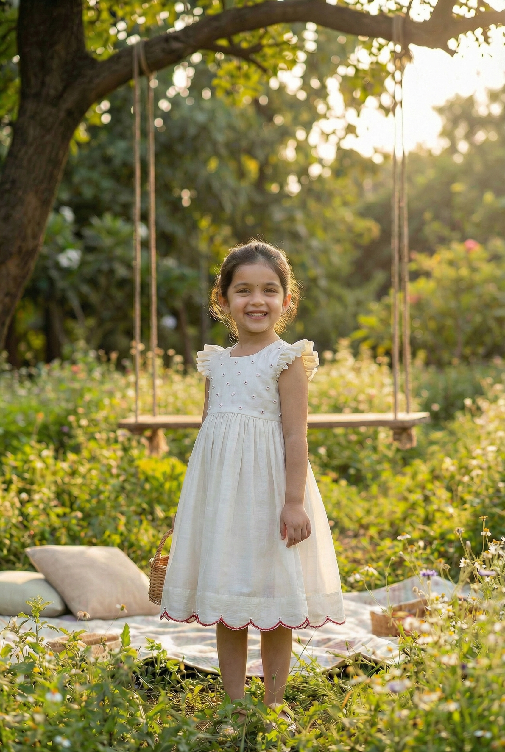 Bunny Tie Scallop Dress- Pearl