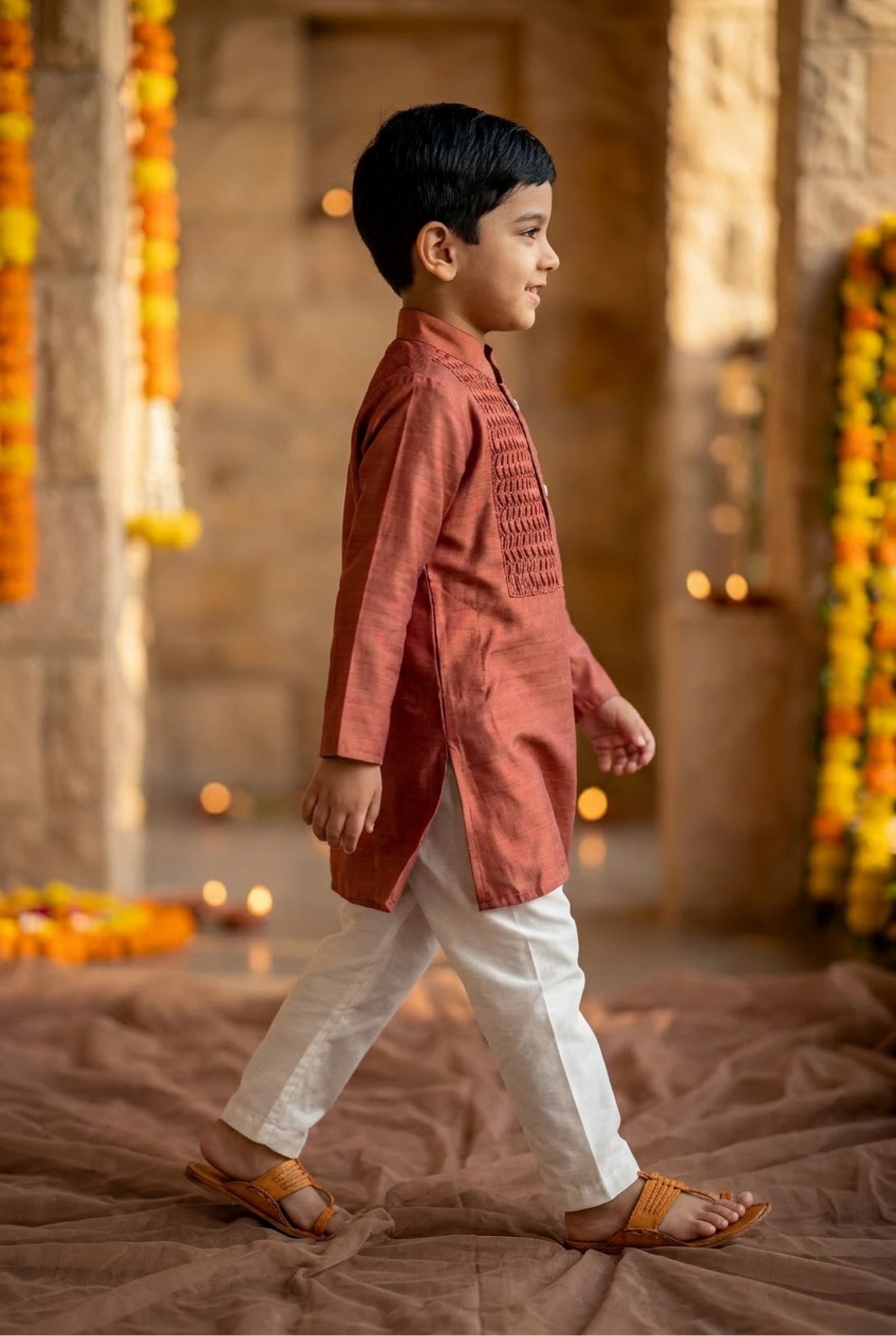 Honeycomb kurta set-Brick red