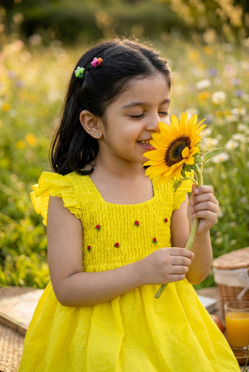Honeycomb Bunny Tie Dress- Yellow
