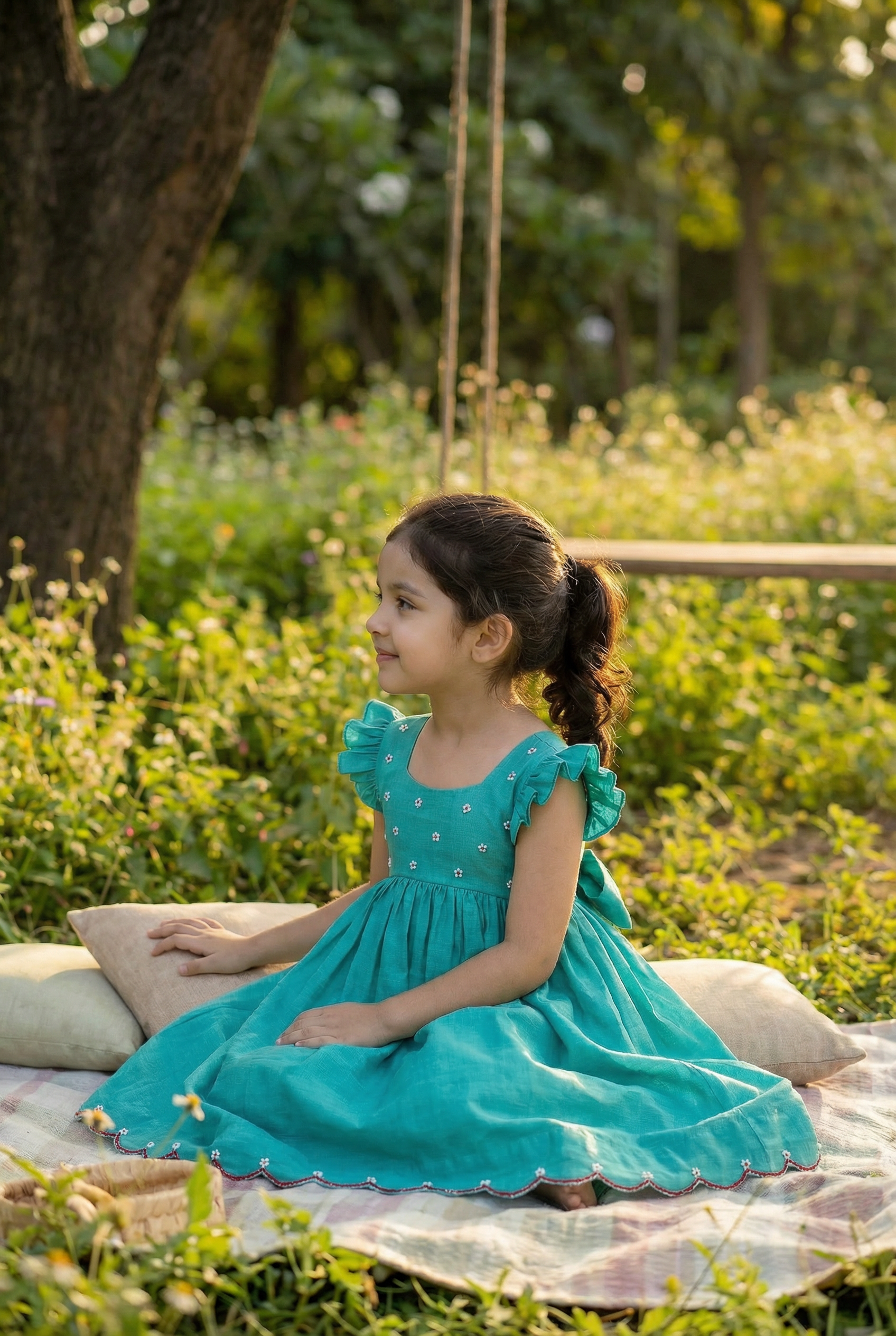 Bunny Tie Scallop Dress- teal