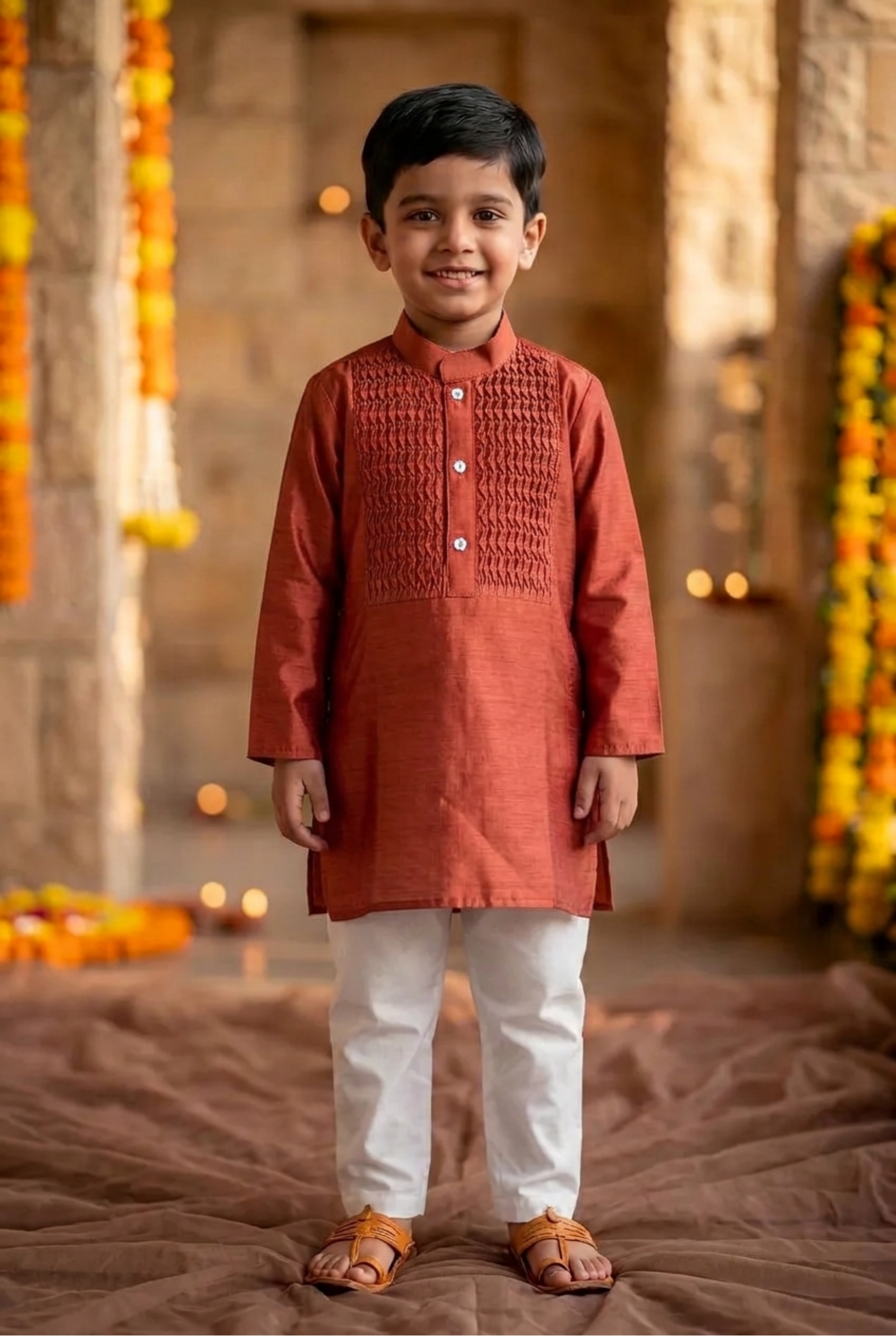Honeycomb kurta set-Brick red