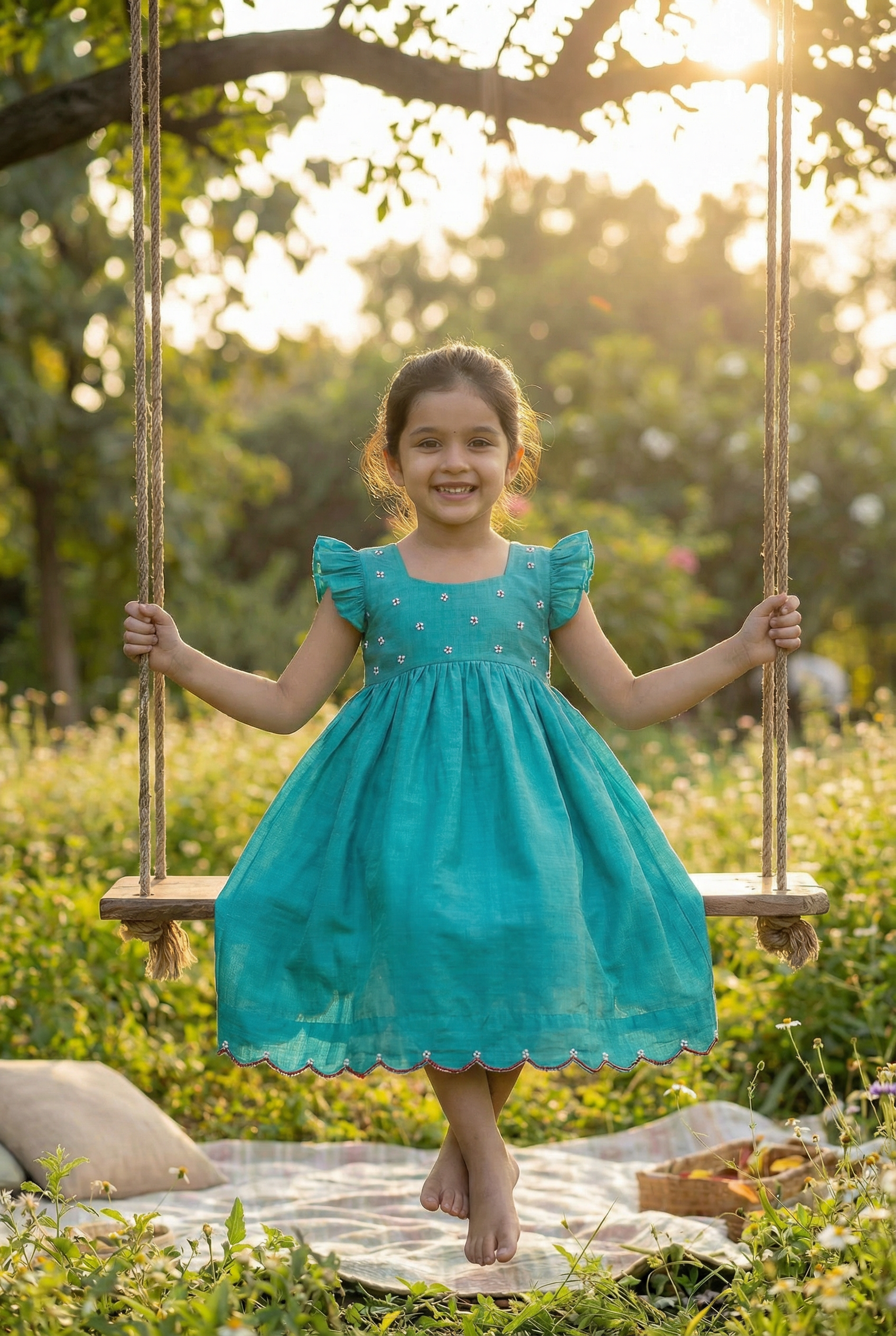 Bunny Tie Scallop Dress- teal