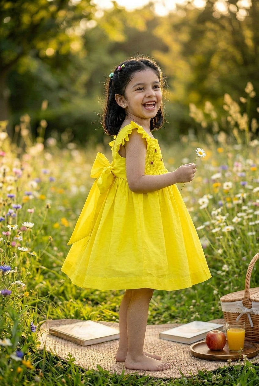 Honeycomb Bunny Tie Dress- Yellow