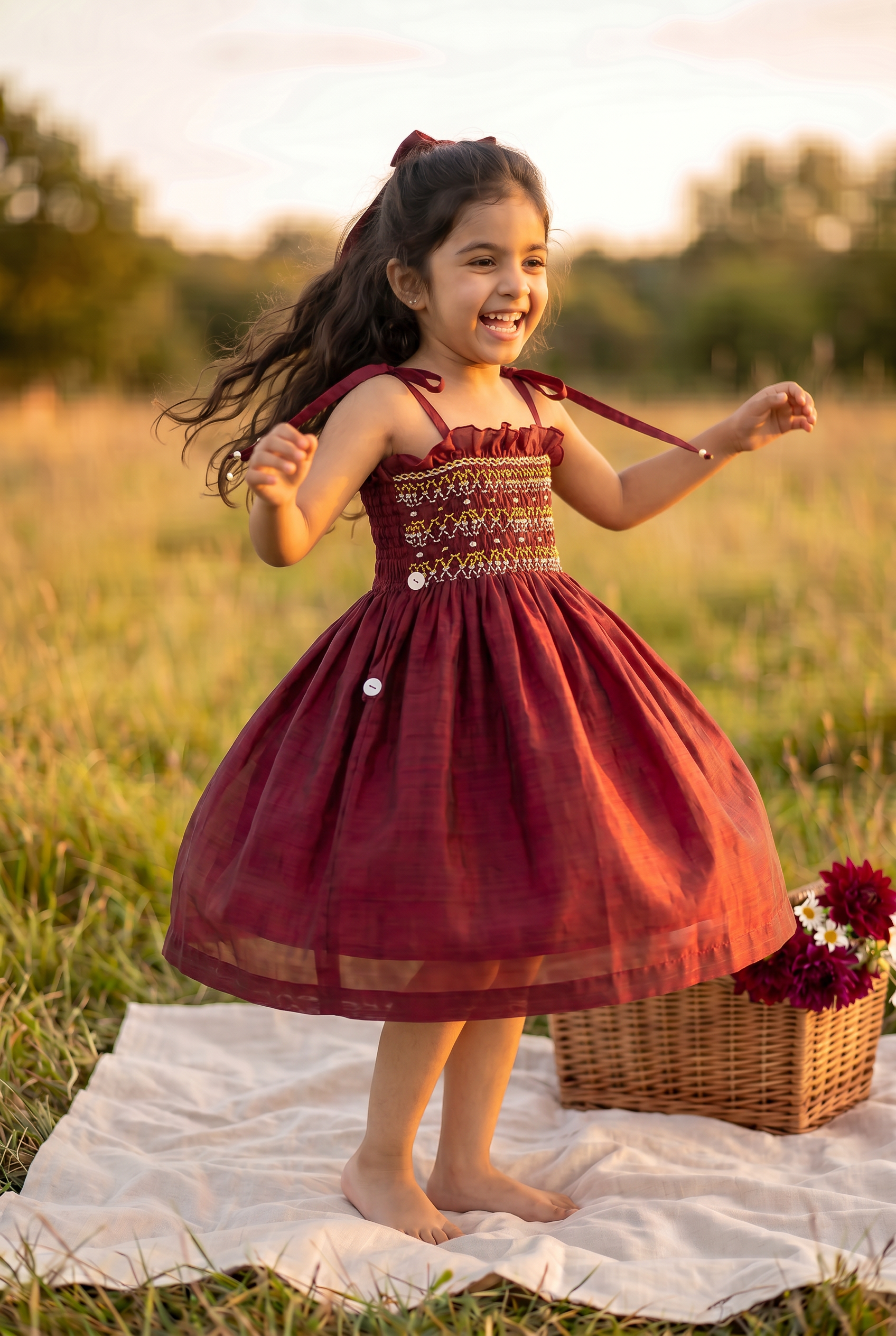 Red Noodle Strap Smocked Dress
