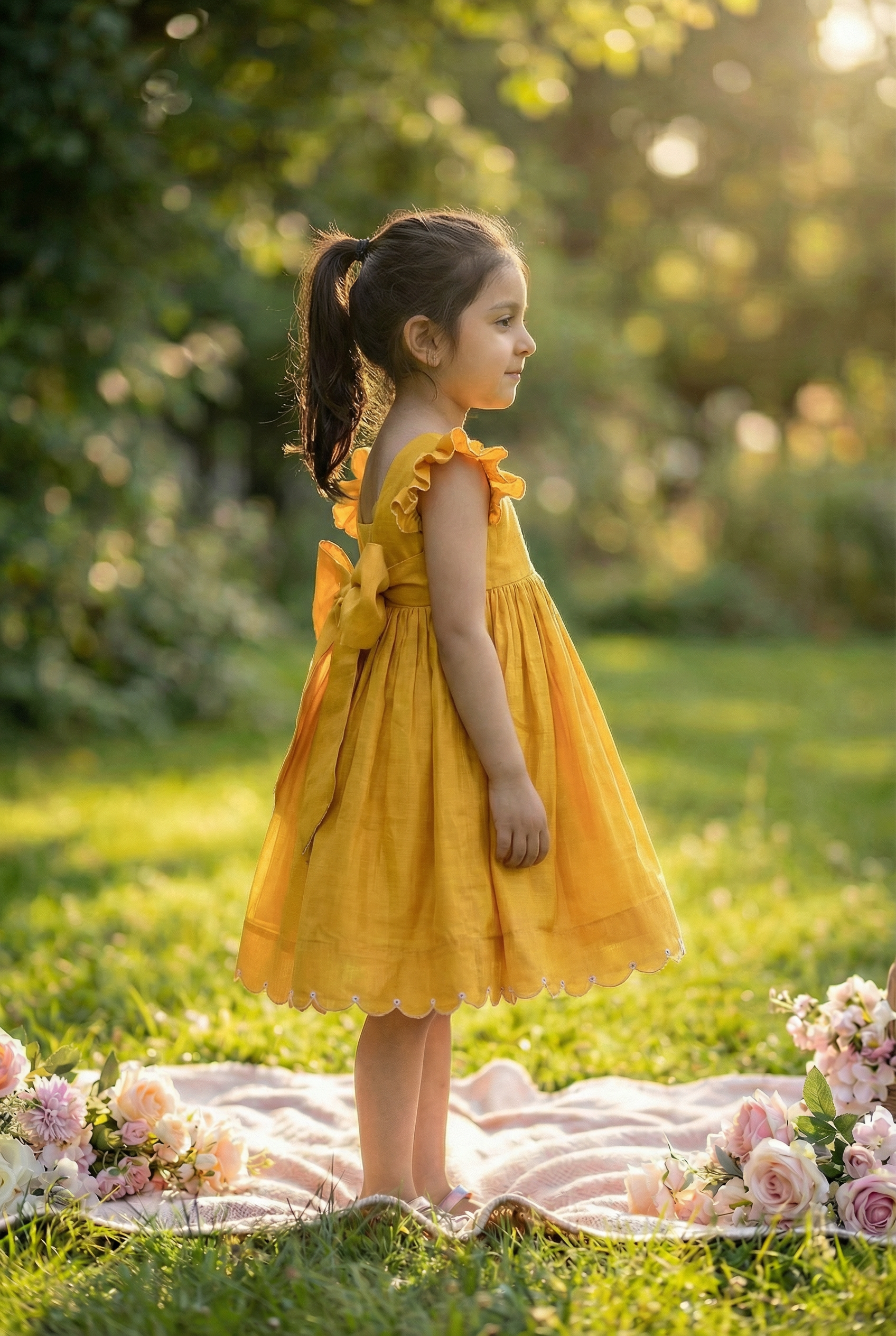 Bunny Tie Scallop Dress- Marigold