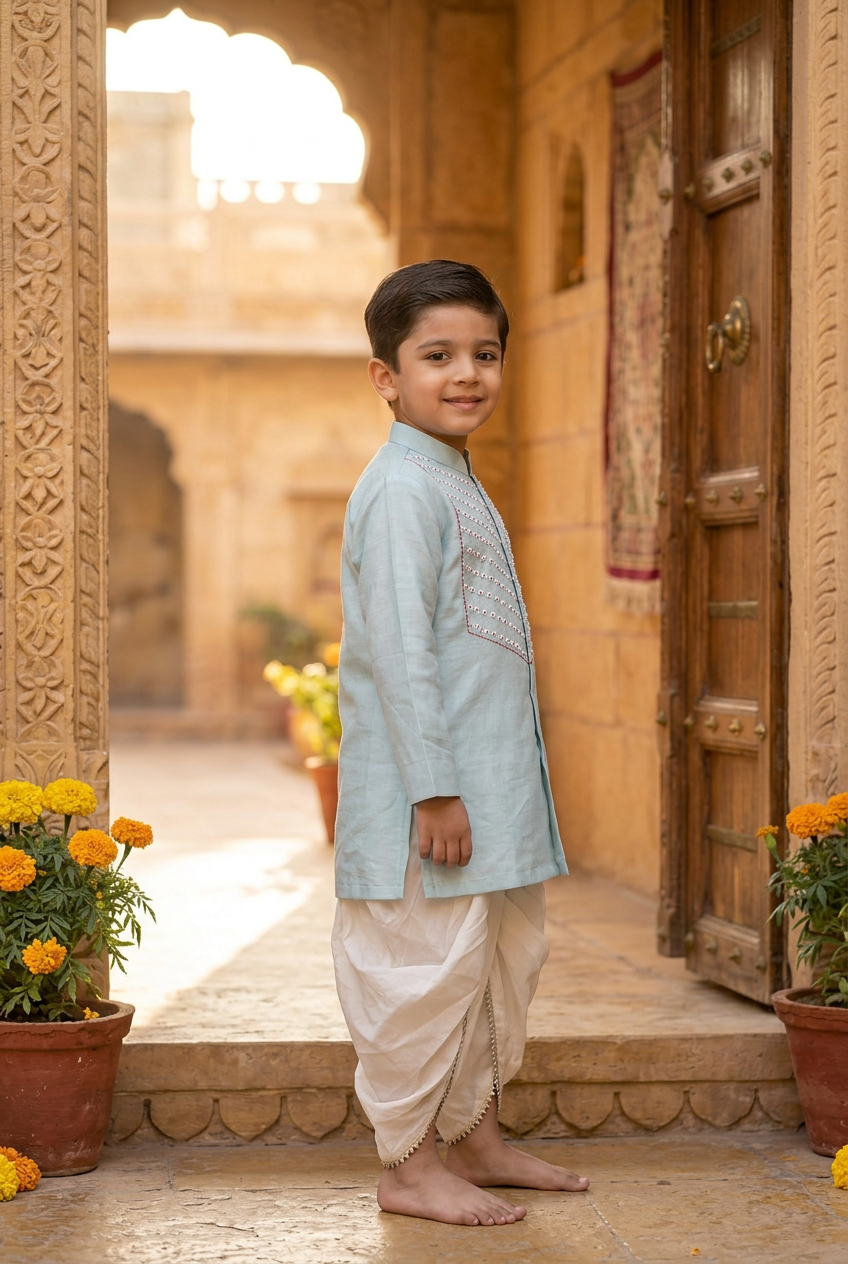 Moti wala kurta set- Sky