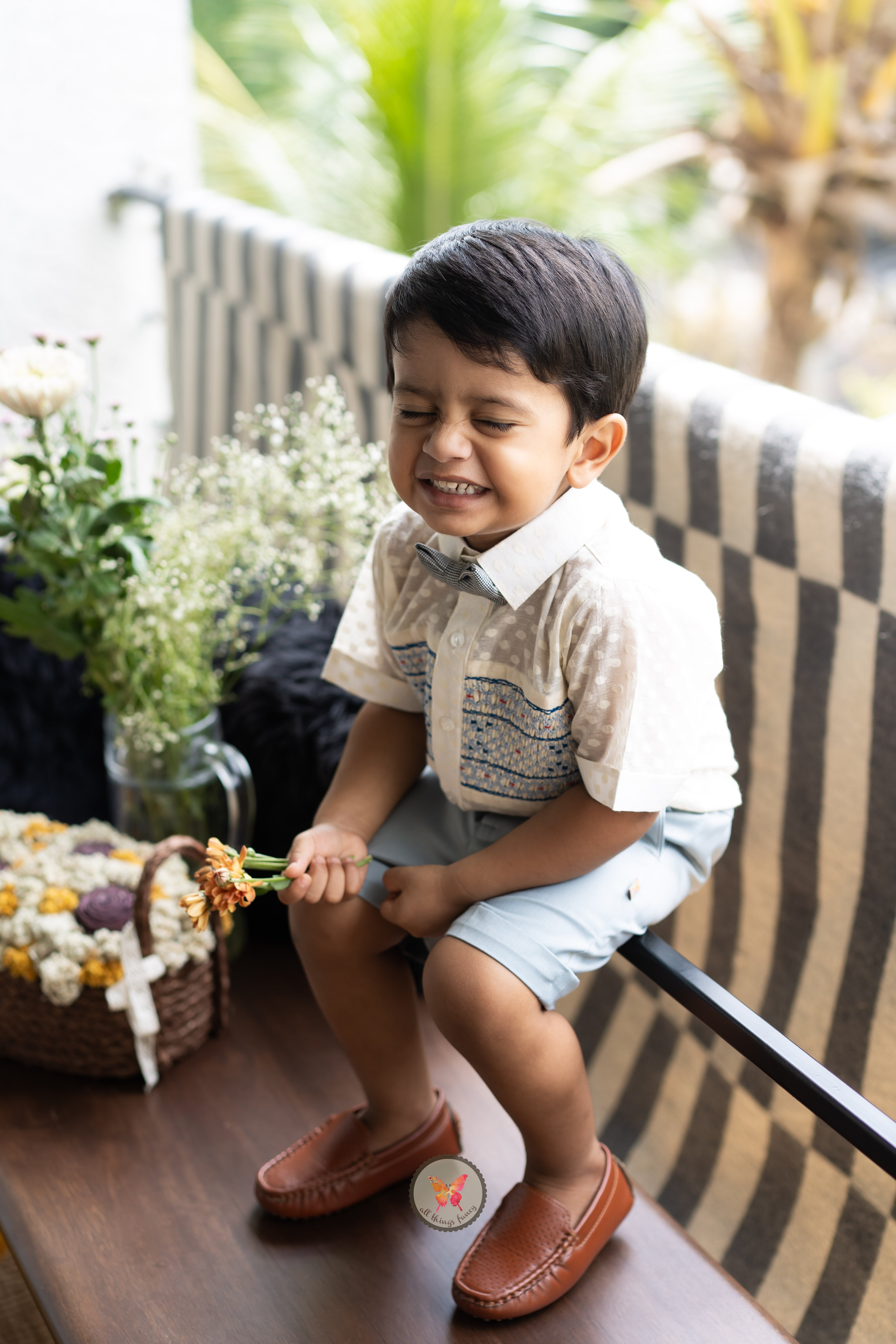 Ivory & Blue Handsmocked Shirt Set