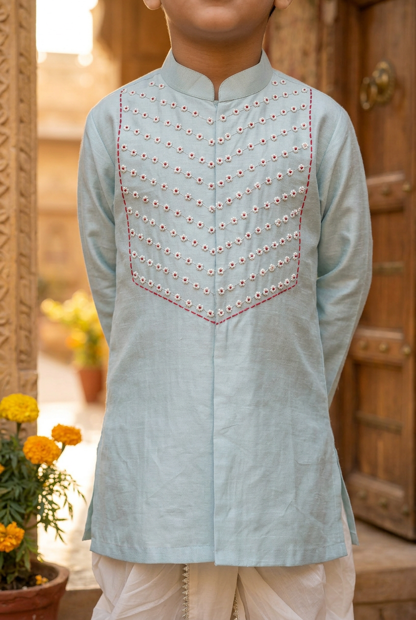 Moti wala kurta set- Sky