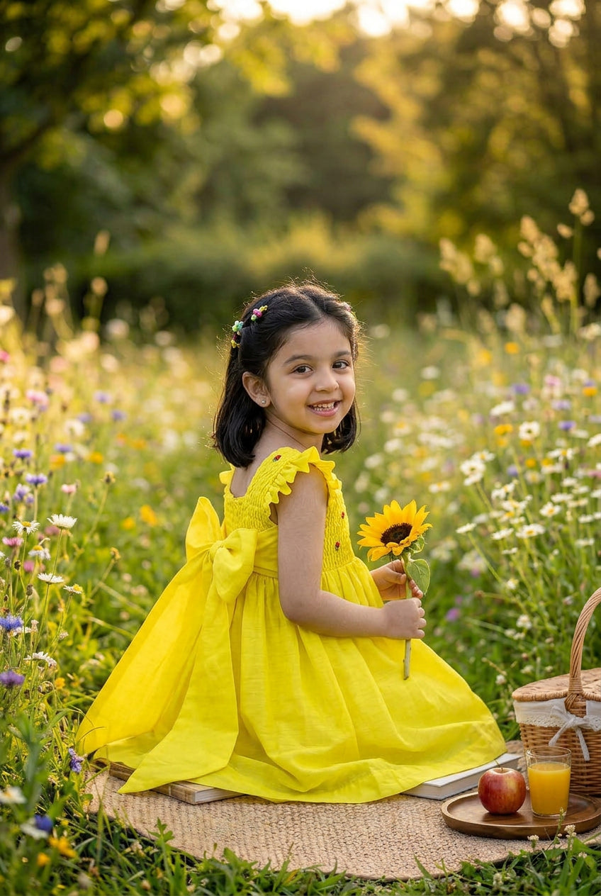 Honeycomb Bunny Tie Dress- Yellow