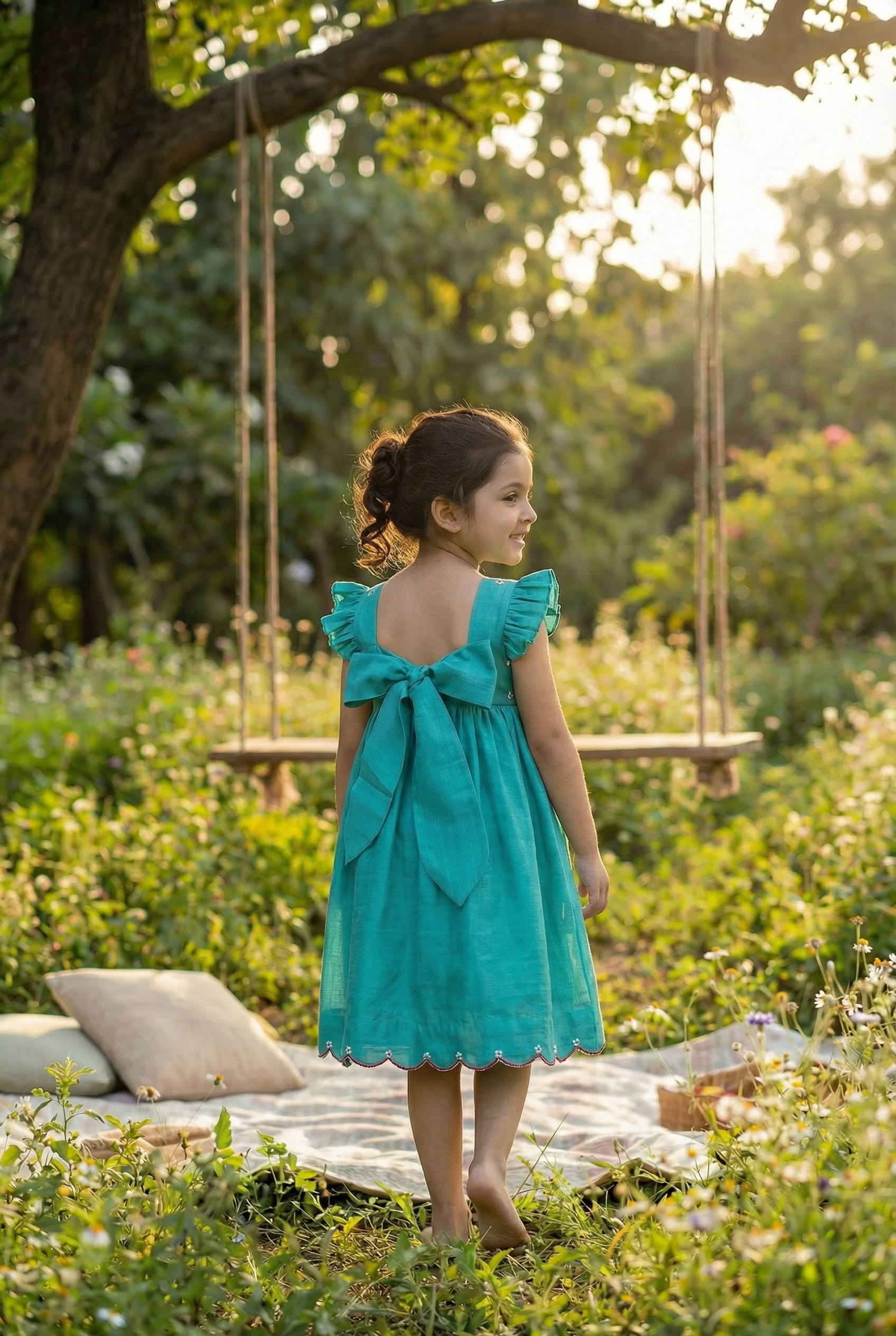 Bunny Tie Scallop Dress- teal