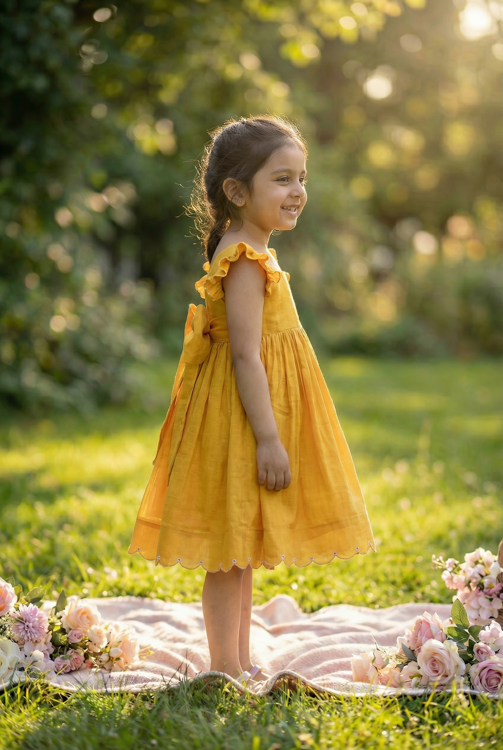 Bunny Tie Scallop Dress- Marigold