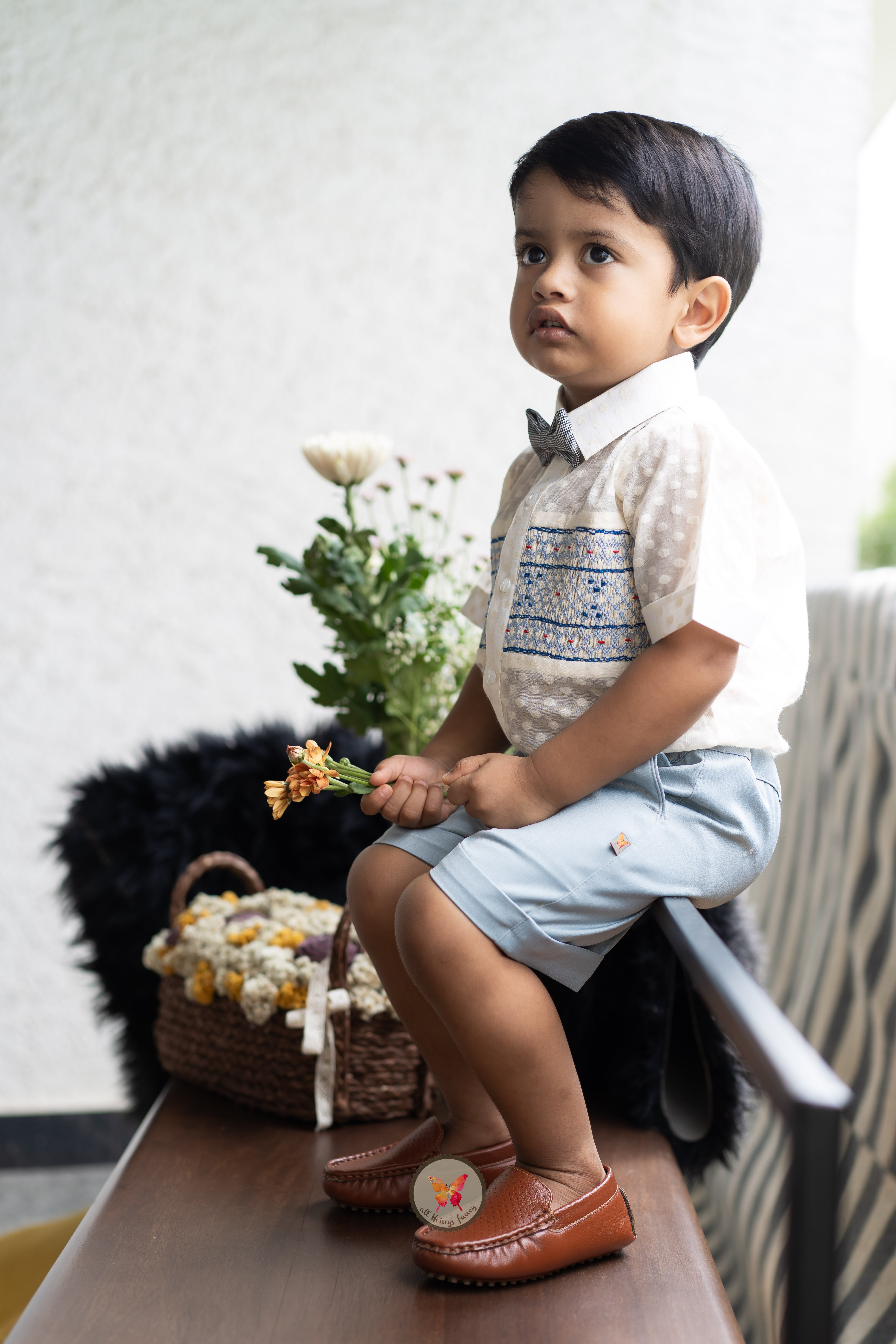 Ivory & Blue Handsmocked Shirt Set