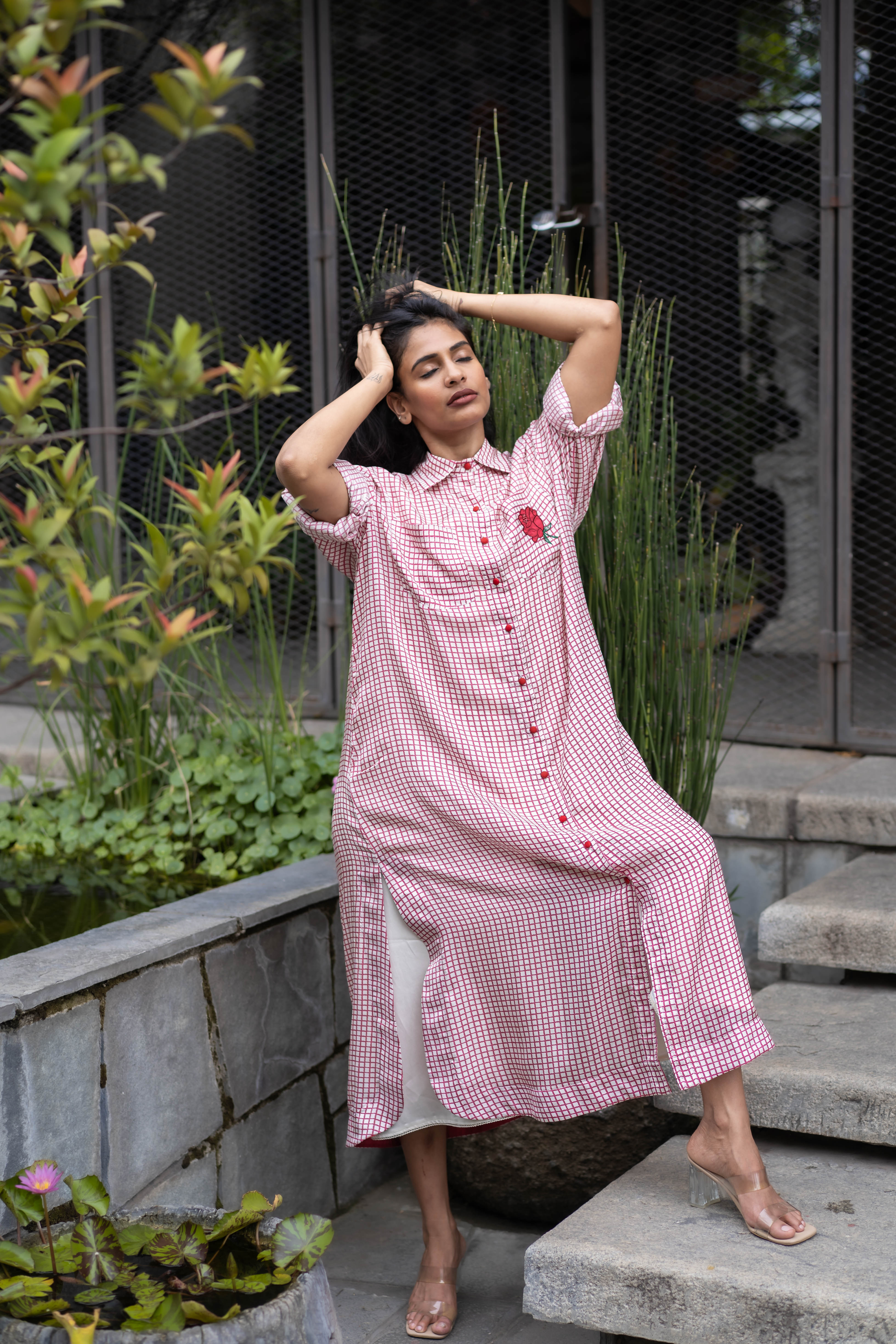 Red Checkered Shirt Dress