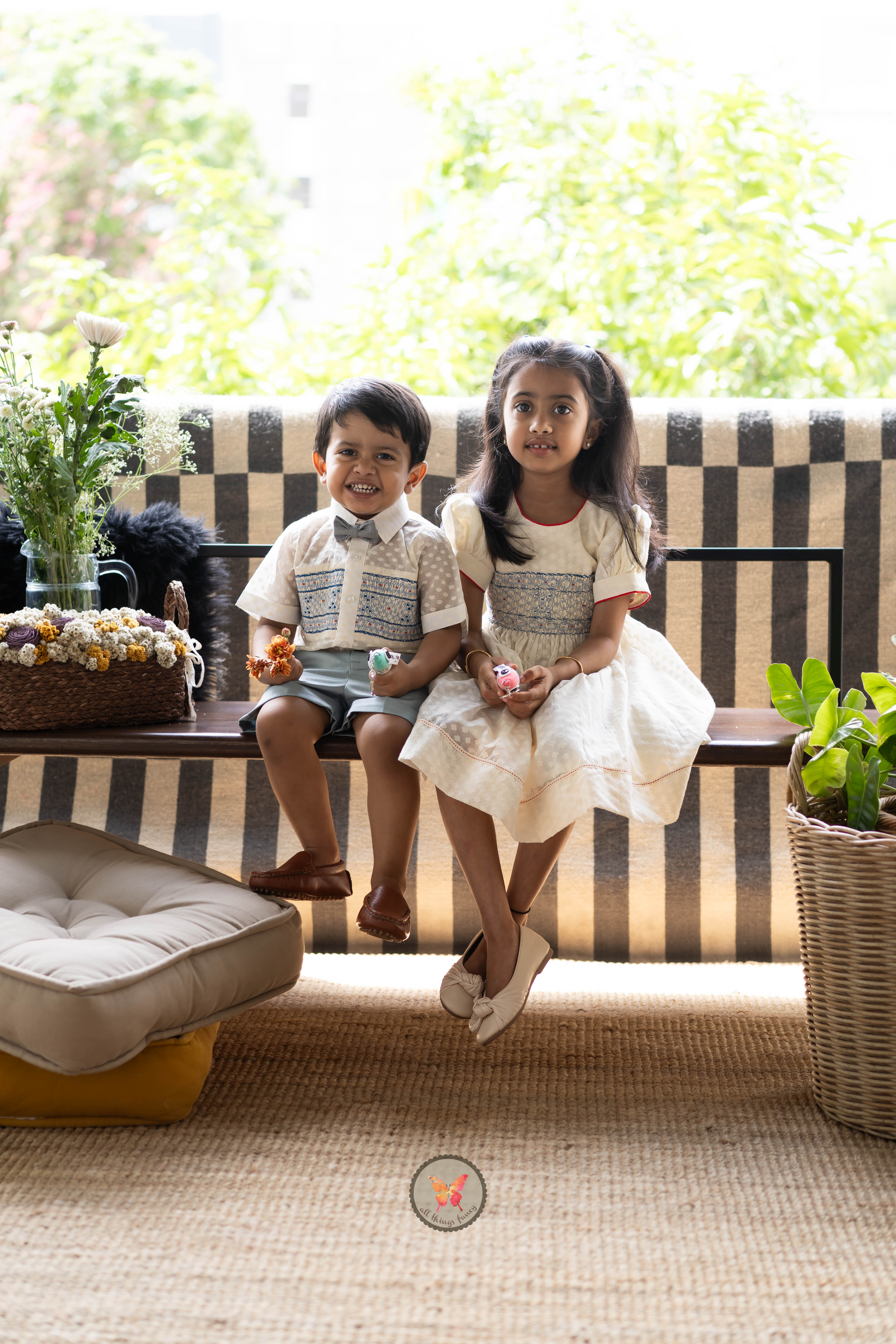 Ivory & Blue Handsmocked Shirt Set