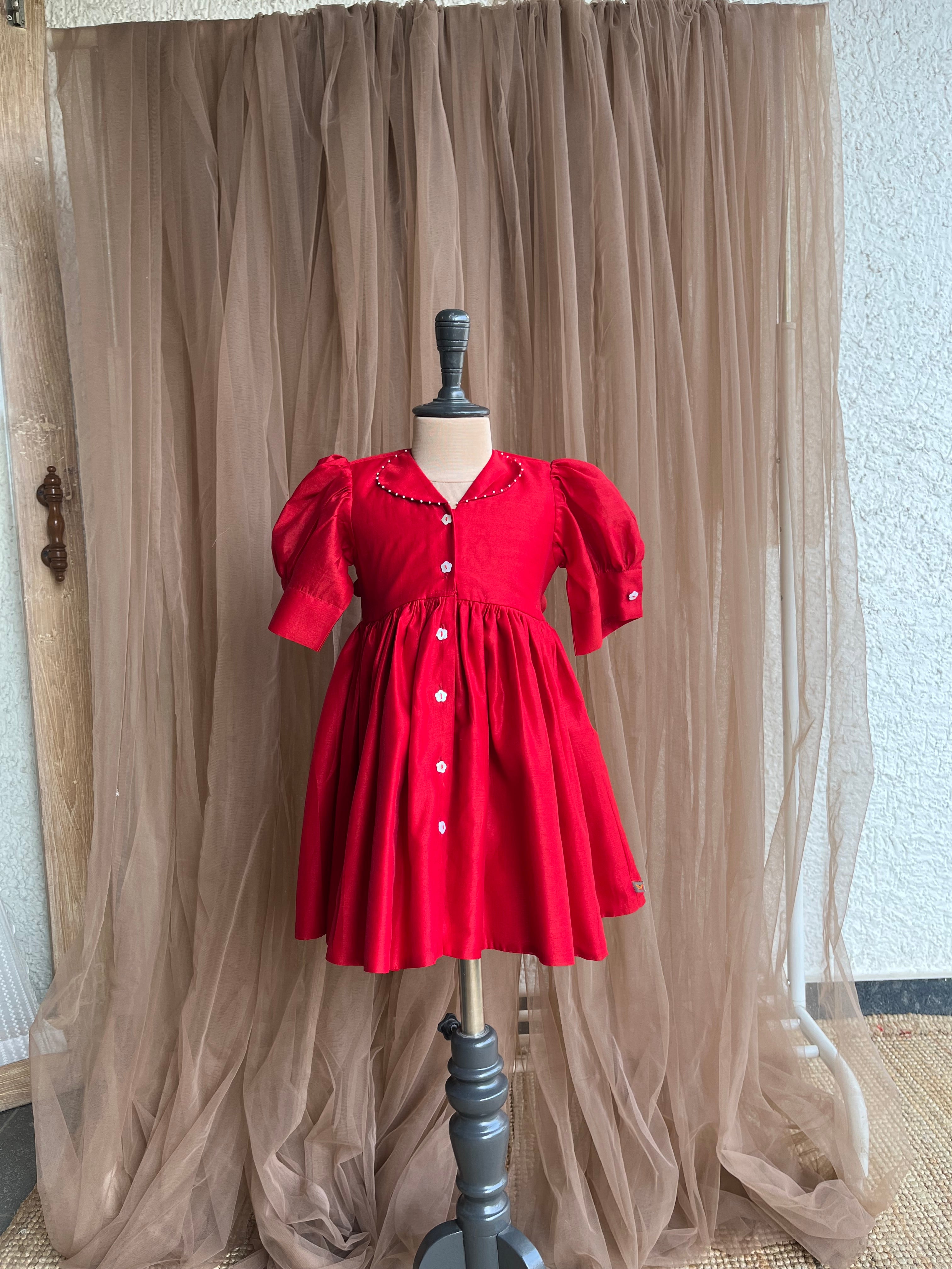 Pearl Edged Shirt Dress- Red