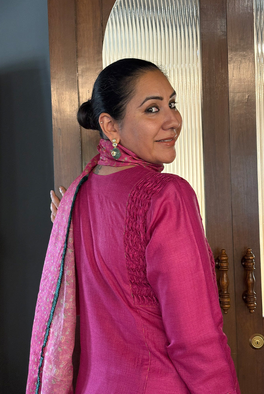 Chintz Dupatta suit set-Anar gulabi