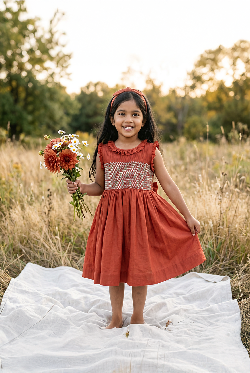 Vintage handsmocked dress-Brick red
