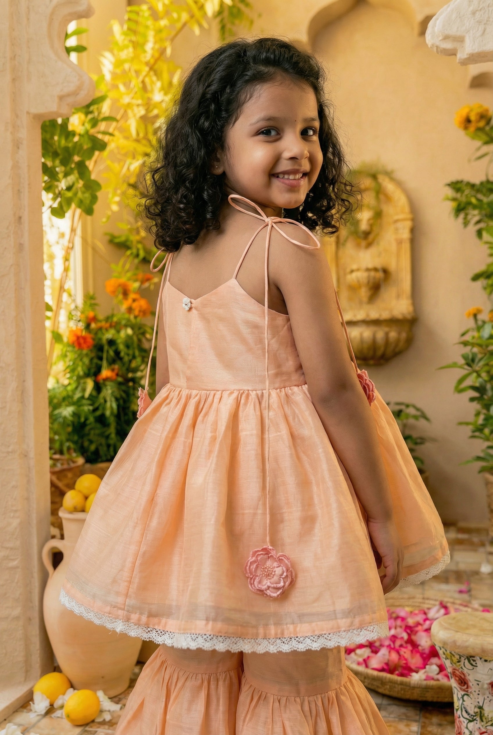3d Flower Gharara- Peach