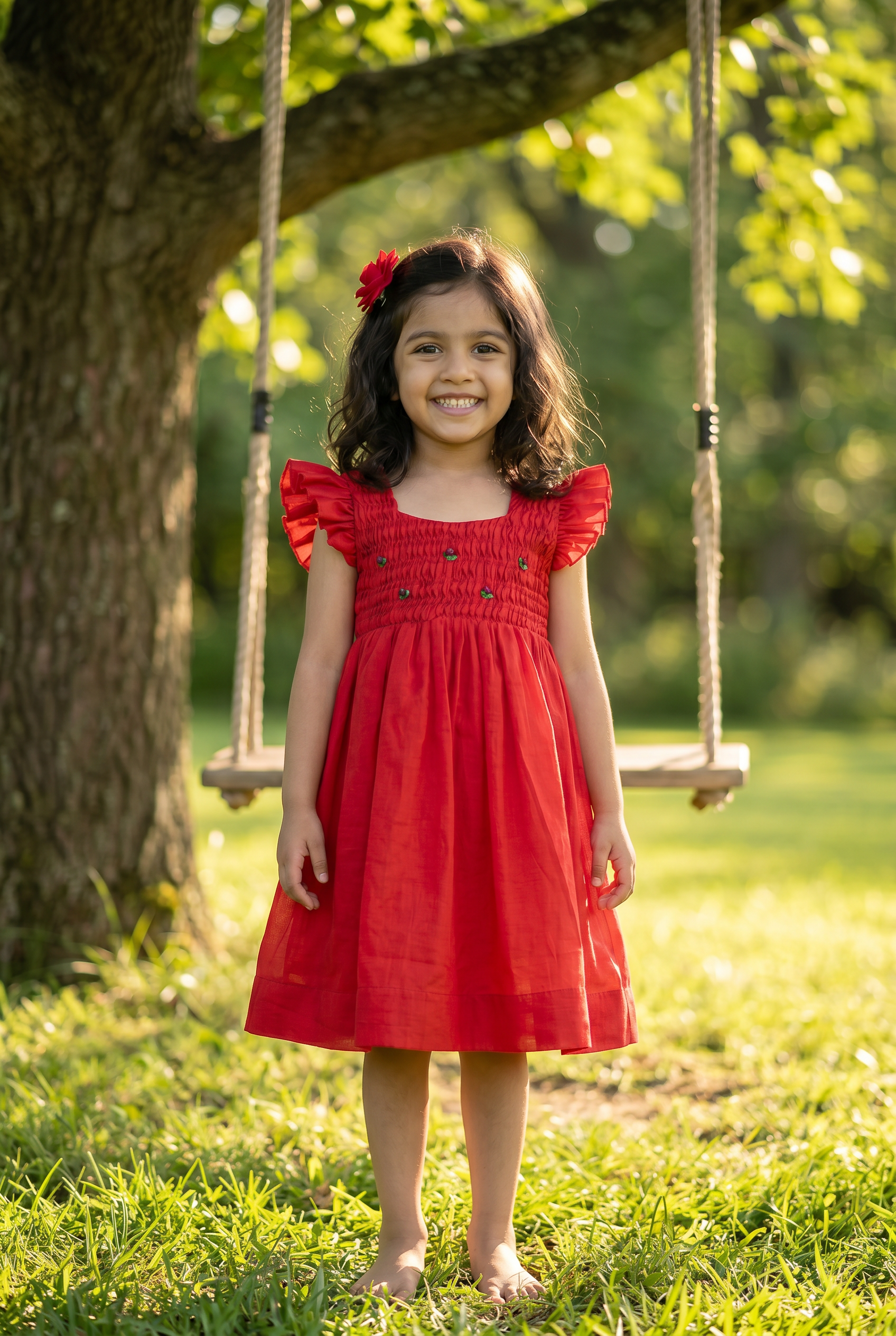 Honeycomb Bunny Tie Rosette Dress- Red