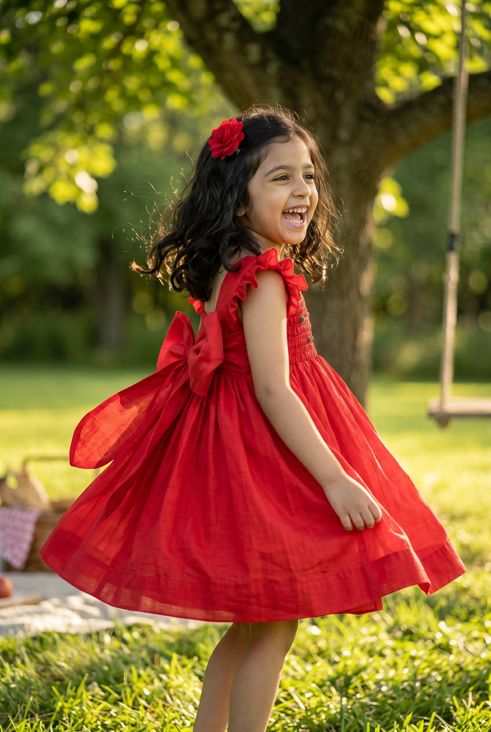 Honeycomb Bunny Tie Rosette Dress- Red