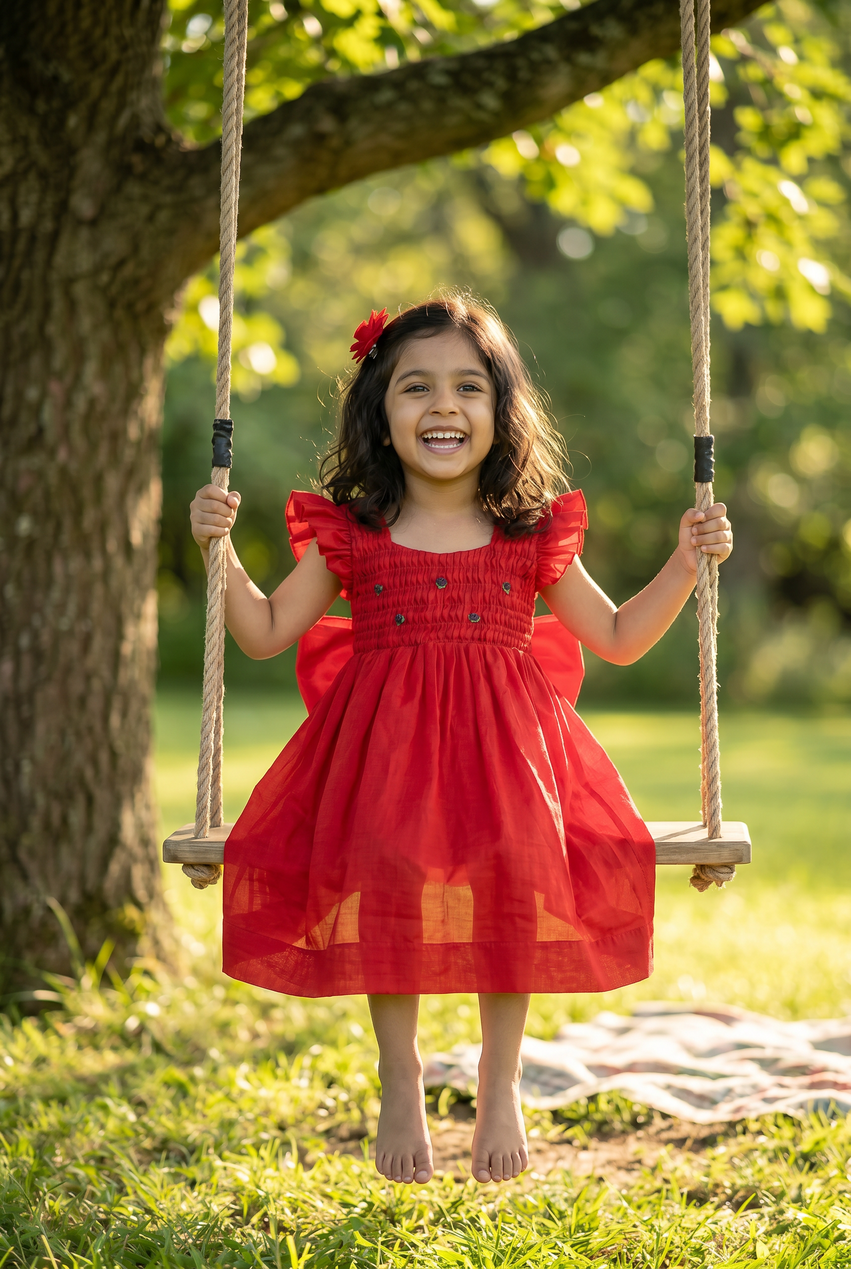 Honeycomb Bunny Tie Rosette Dress- Red