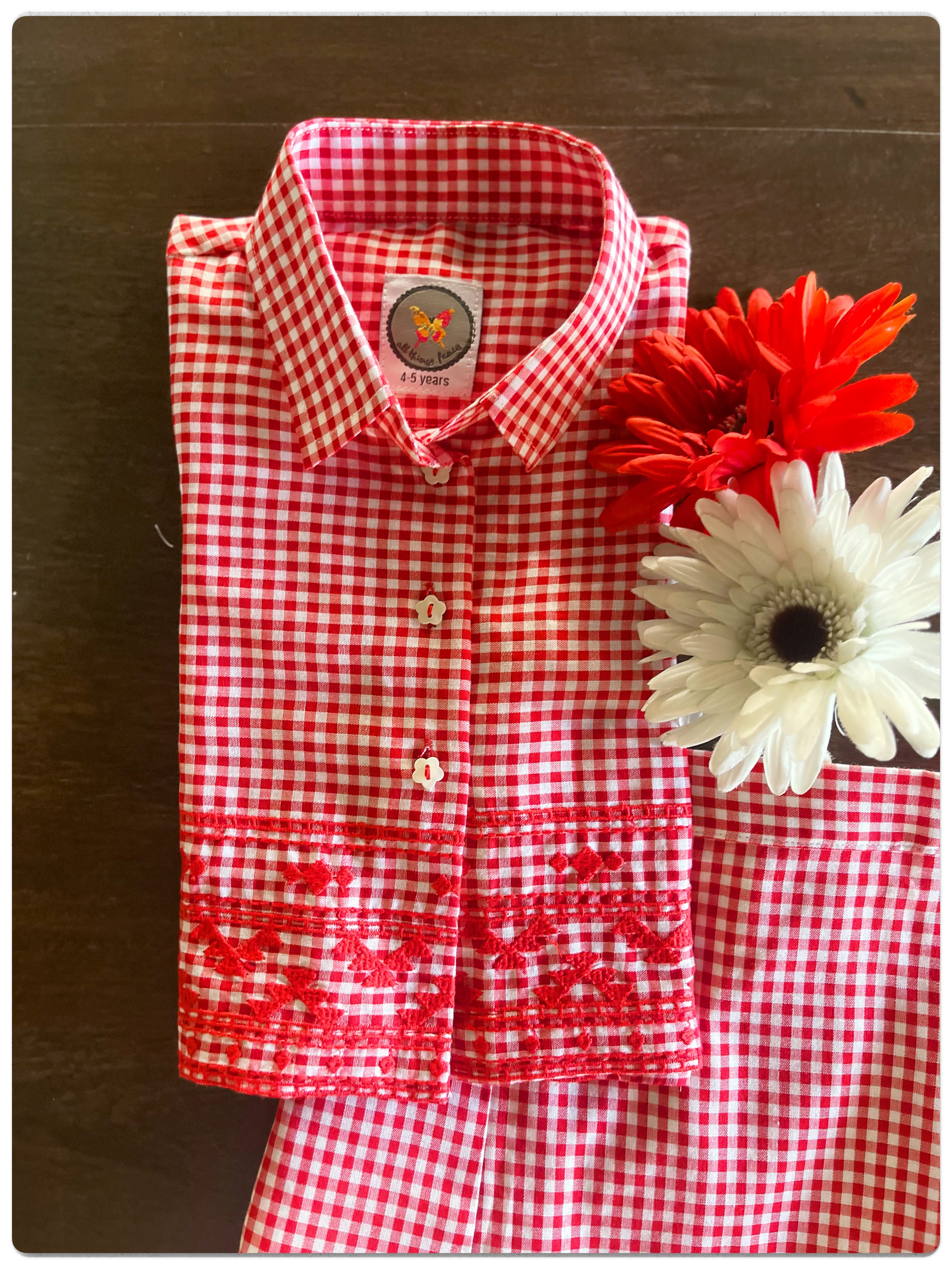 Checkered Cord Set with embroidery- Red & White