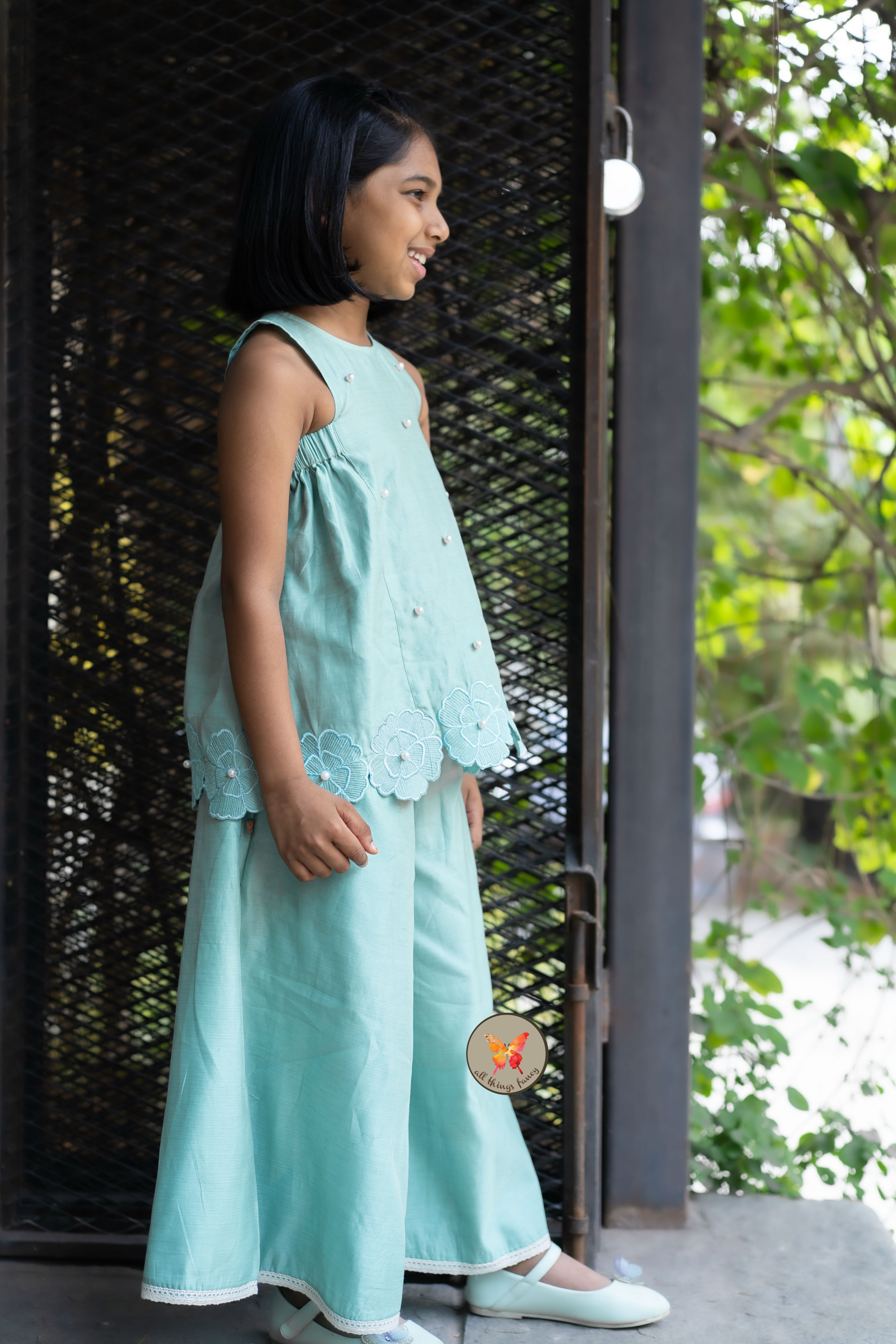 The Phool Sharara Set - Soft Teal