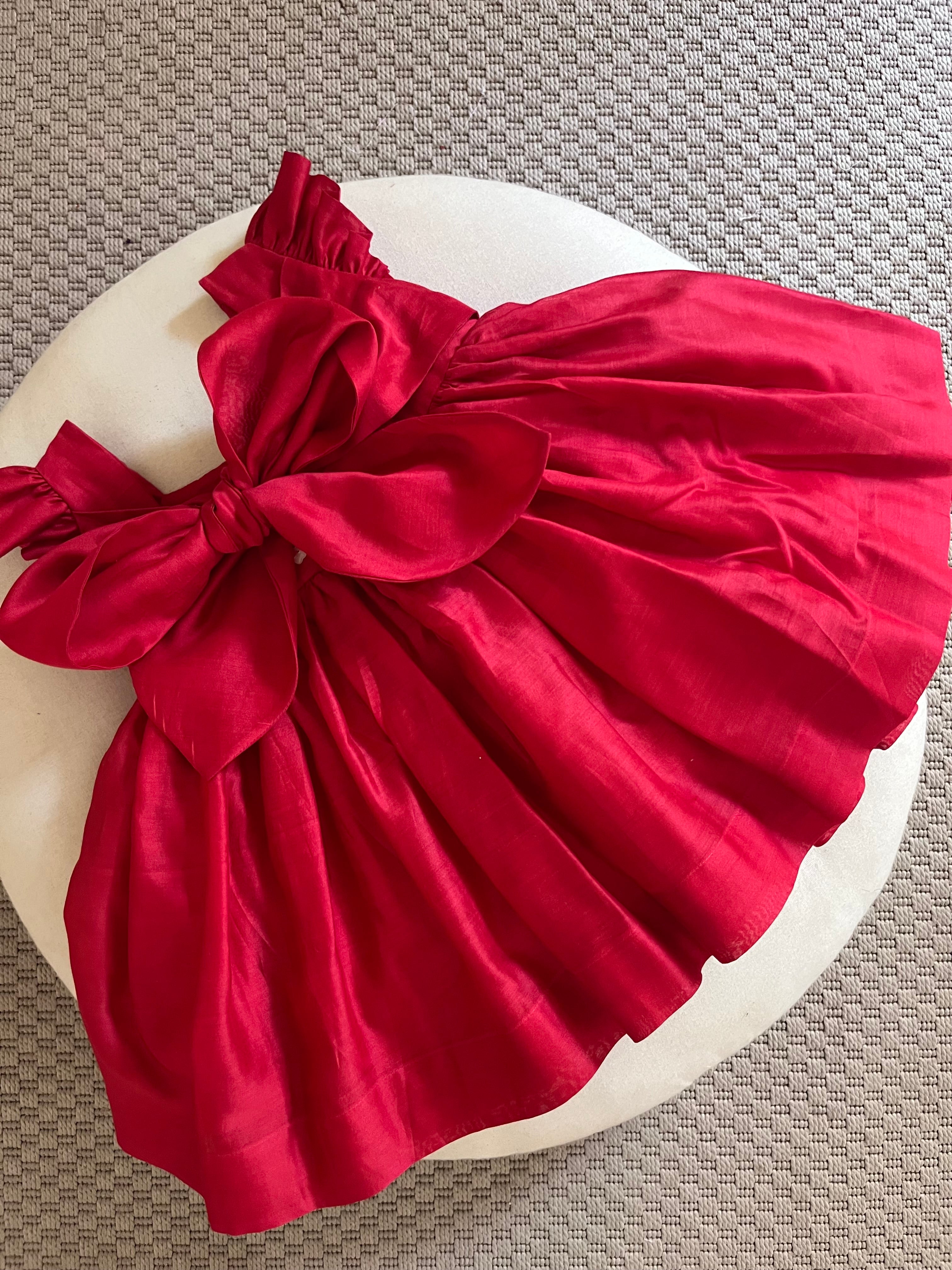 Honeycomb Bunny Tie Rosette Dress- Red