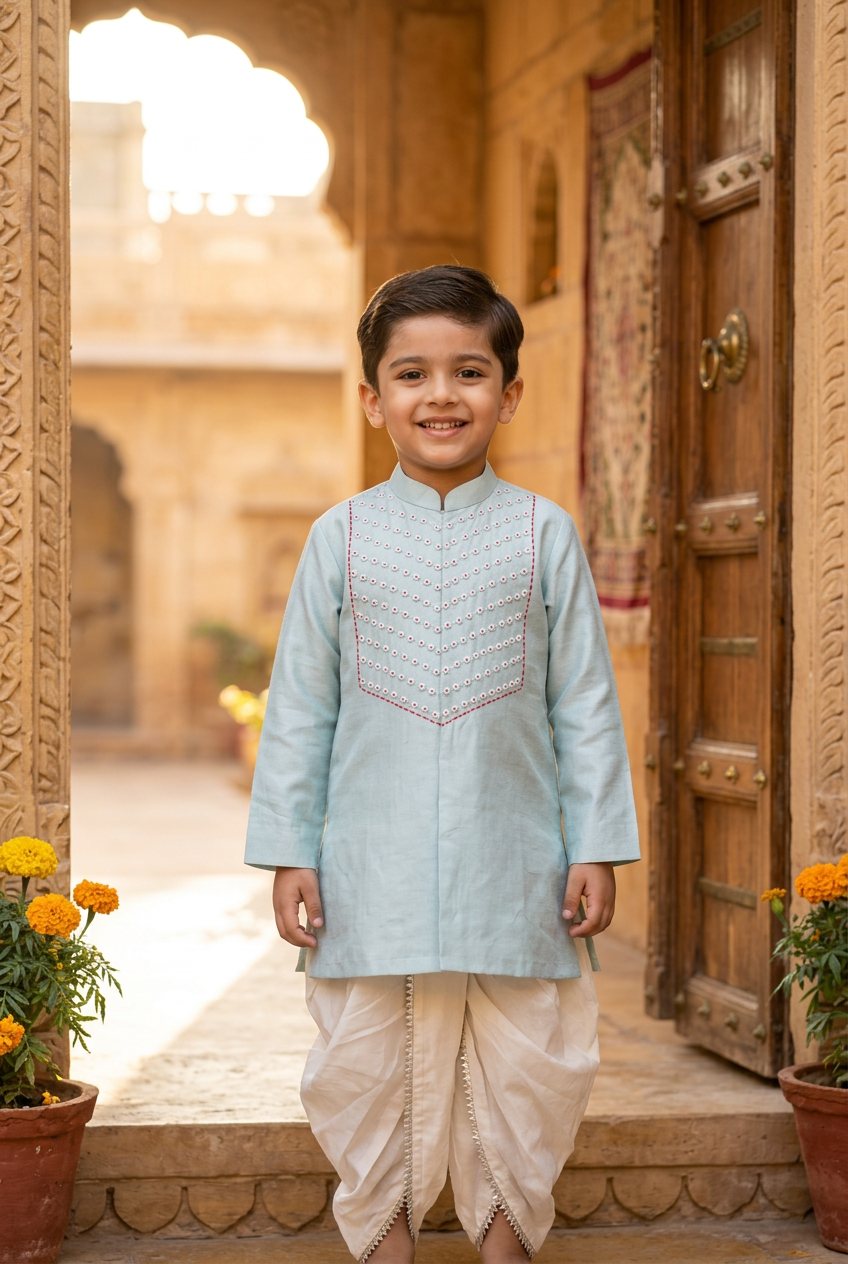 Moti wala kurta set- Sky