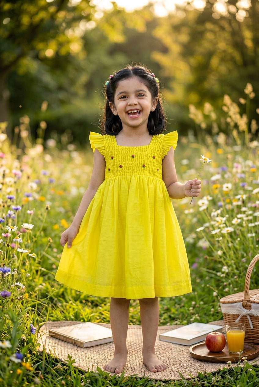 Honeycomb Bunny Tie Dress- Yellow