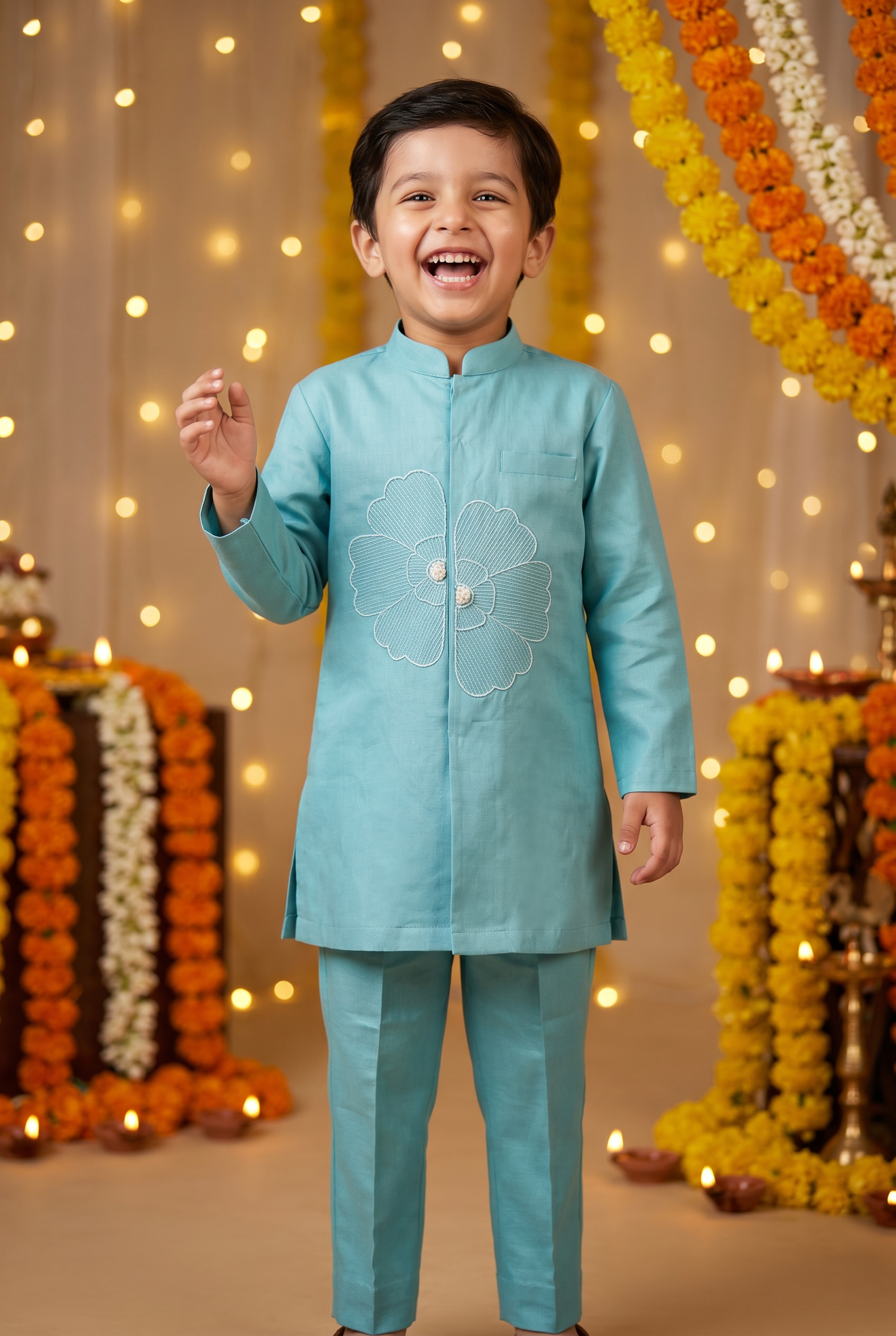 The Phool Kurta Set - Soft Teal