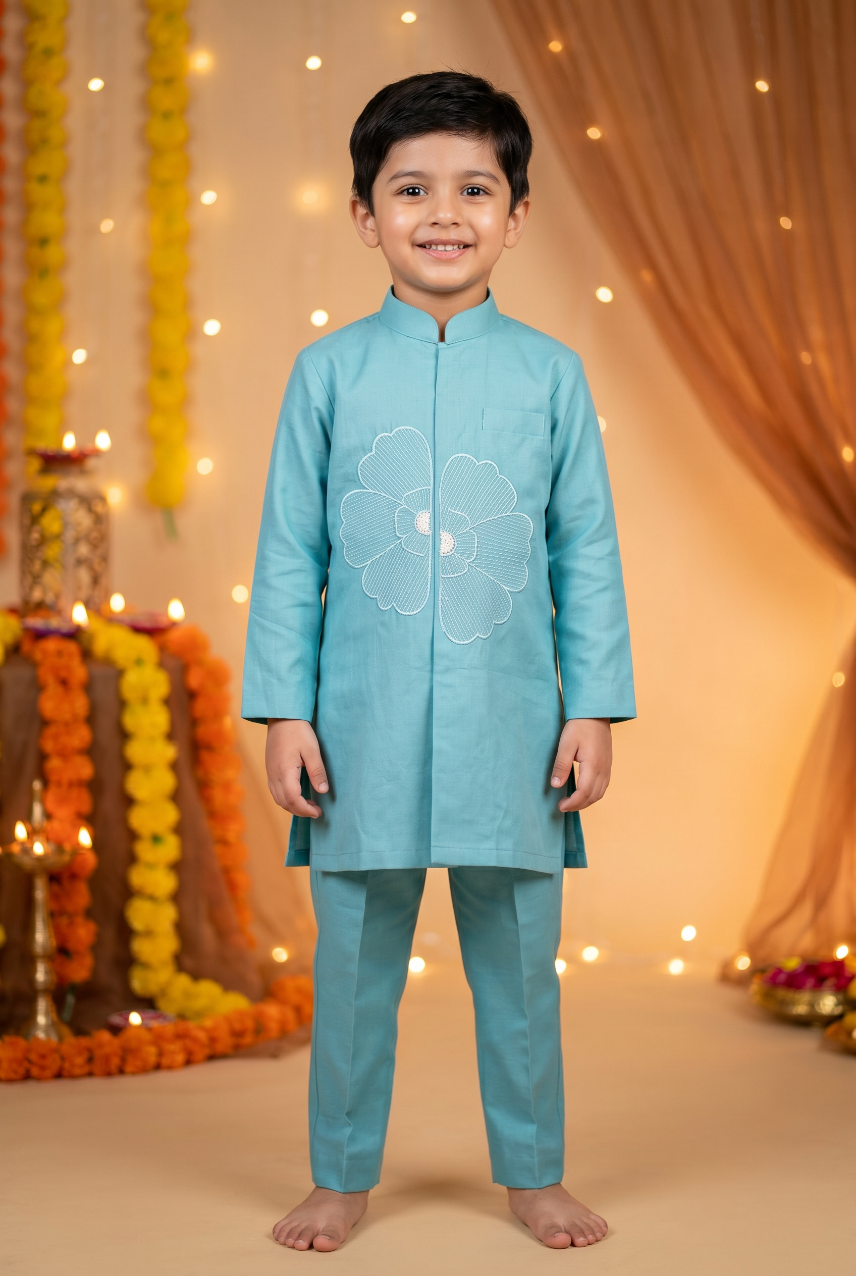The Phool Kurta Set - Soft Teal