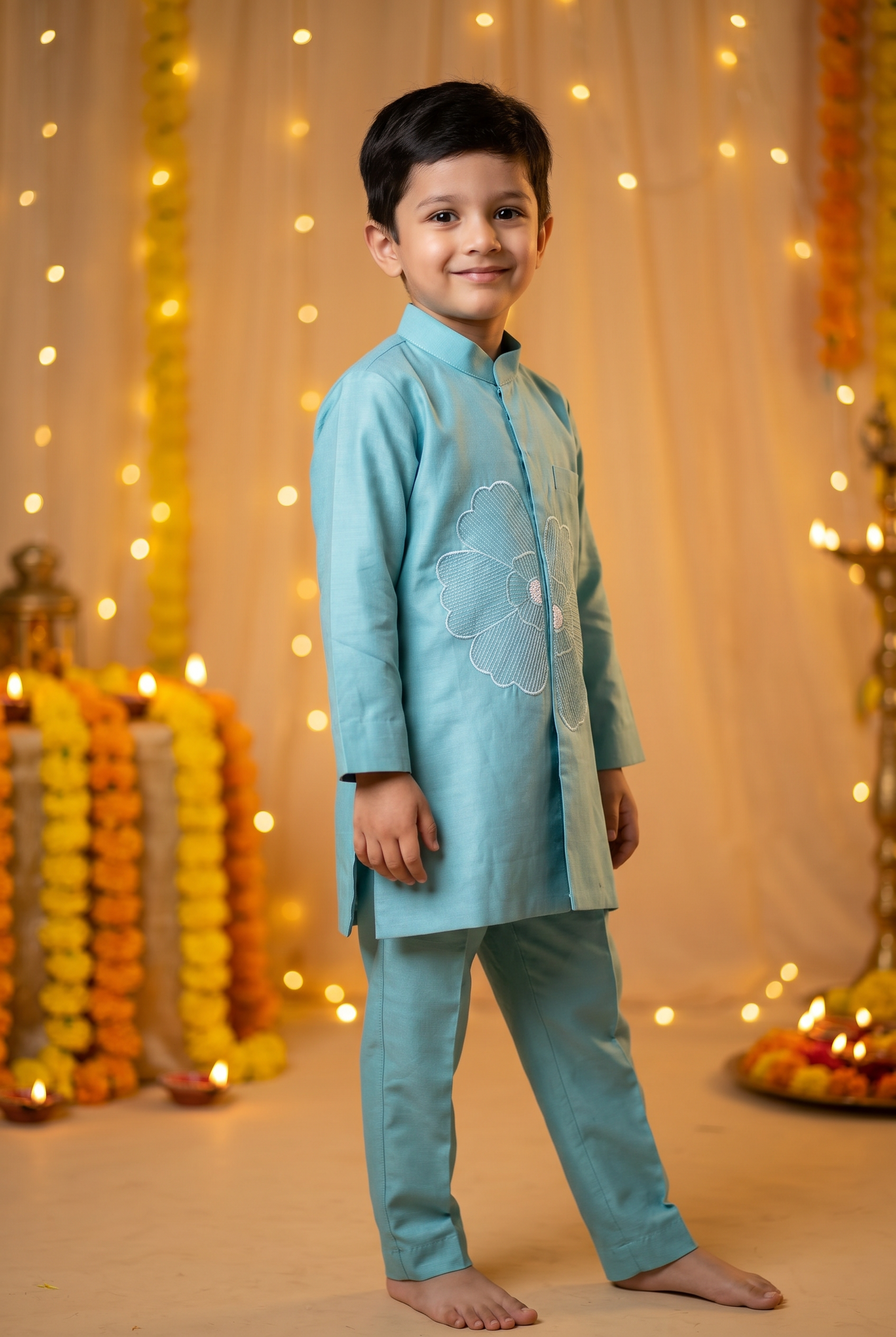 The Phool Kurta Set - Soft Teal