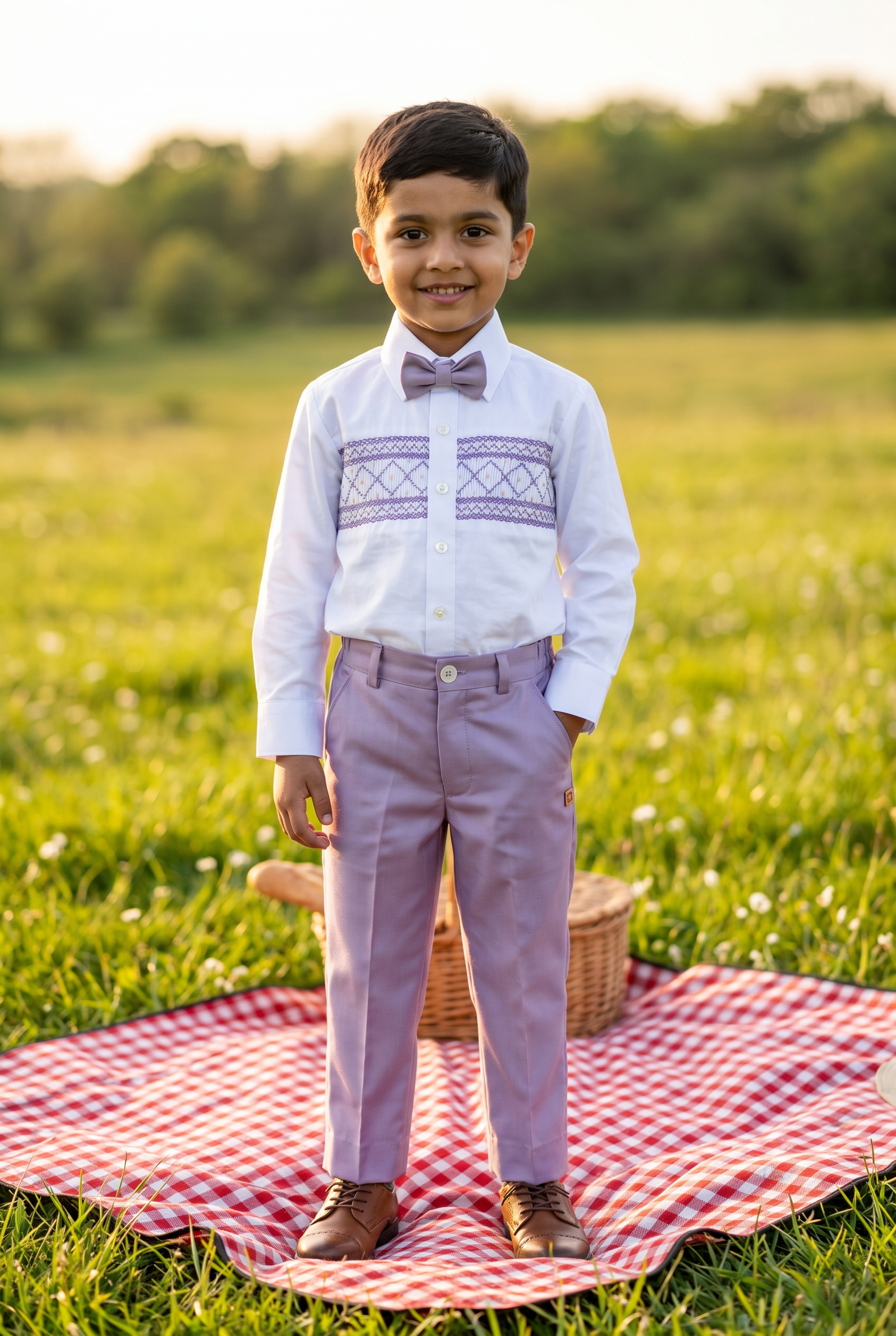 Handsmocked Shirt- Lavender Pants Set