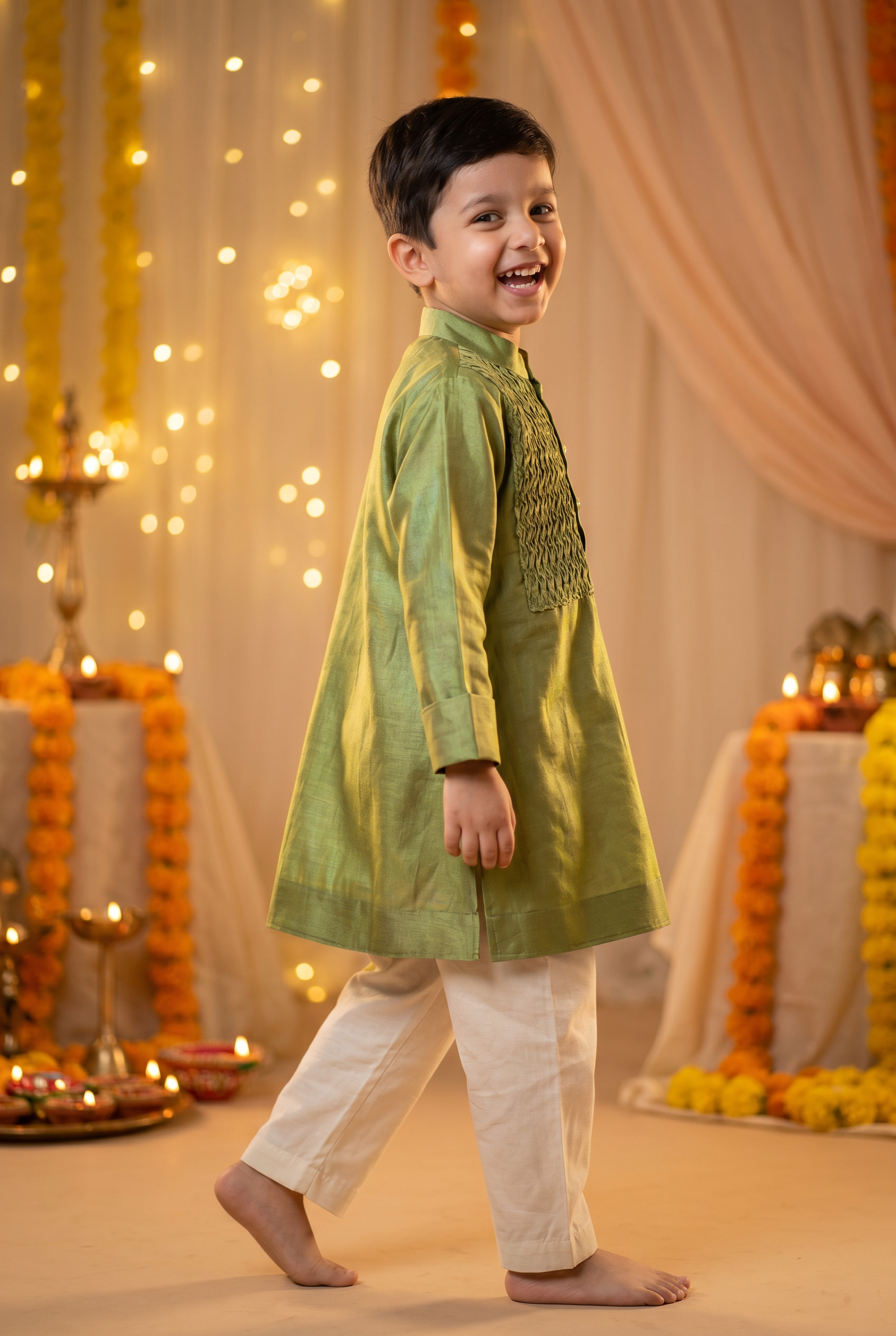Honey comb kurta set-Kiwi