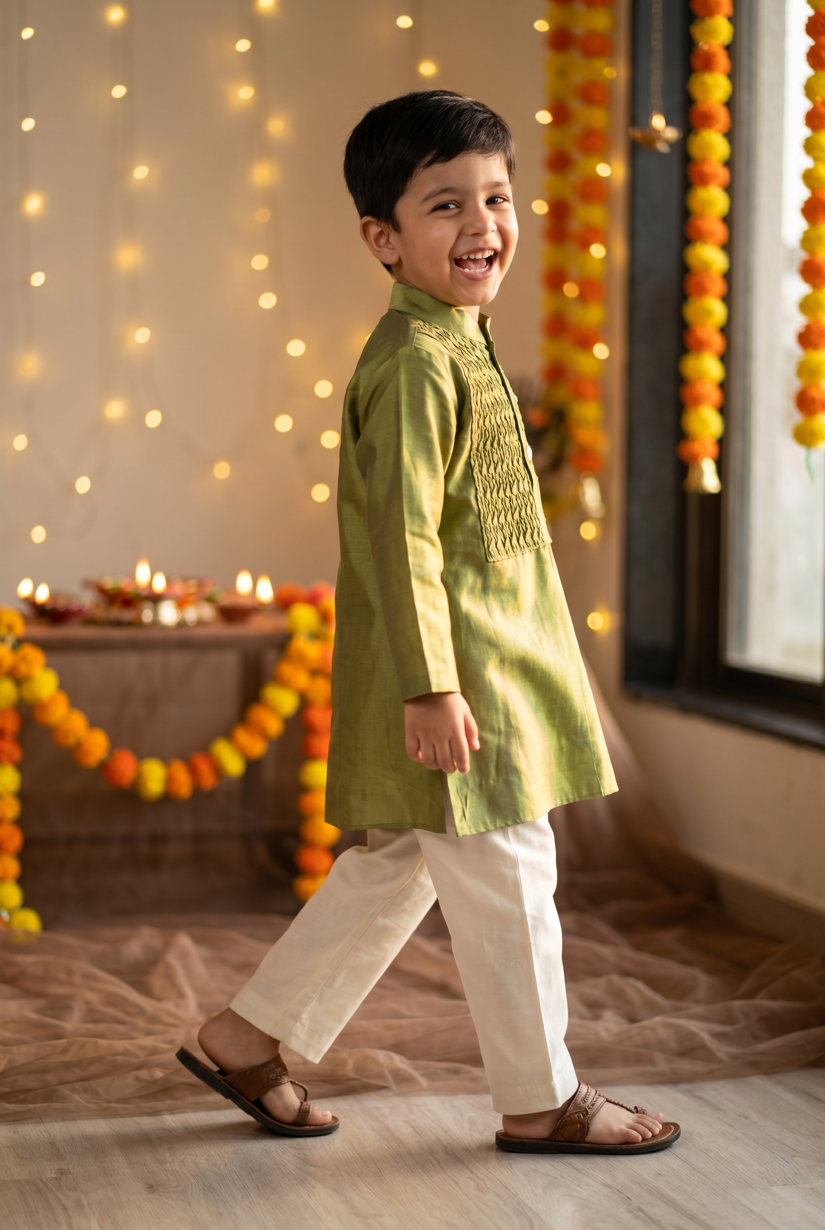 Honey comb kurta set-Kiwi