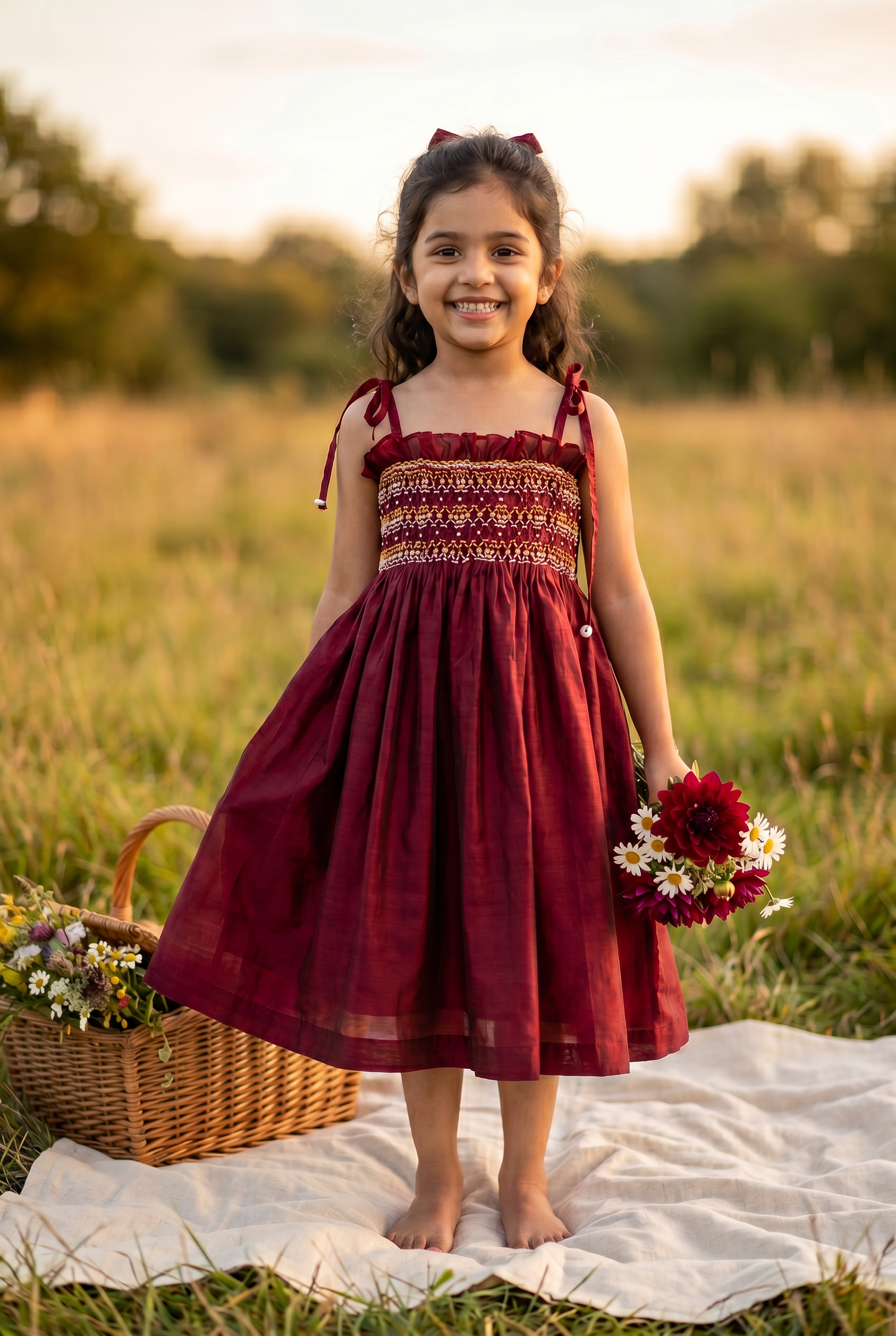 Red Noodle Strap Smocked Dress