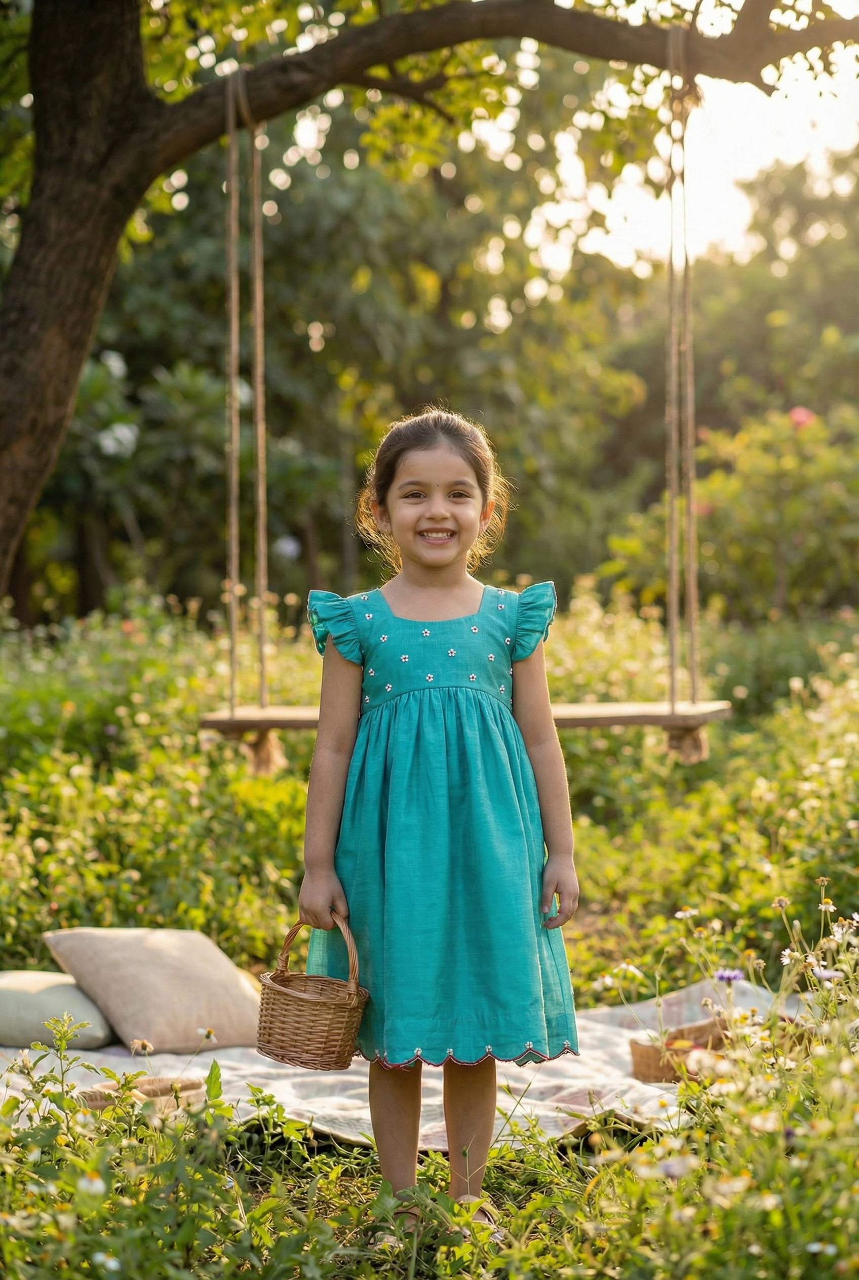 Bunny Tie Scallop Dress- teal