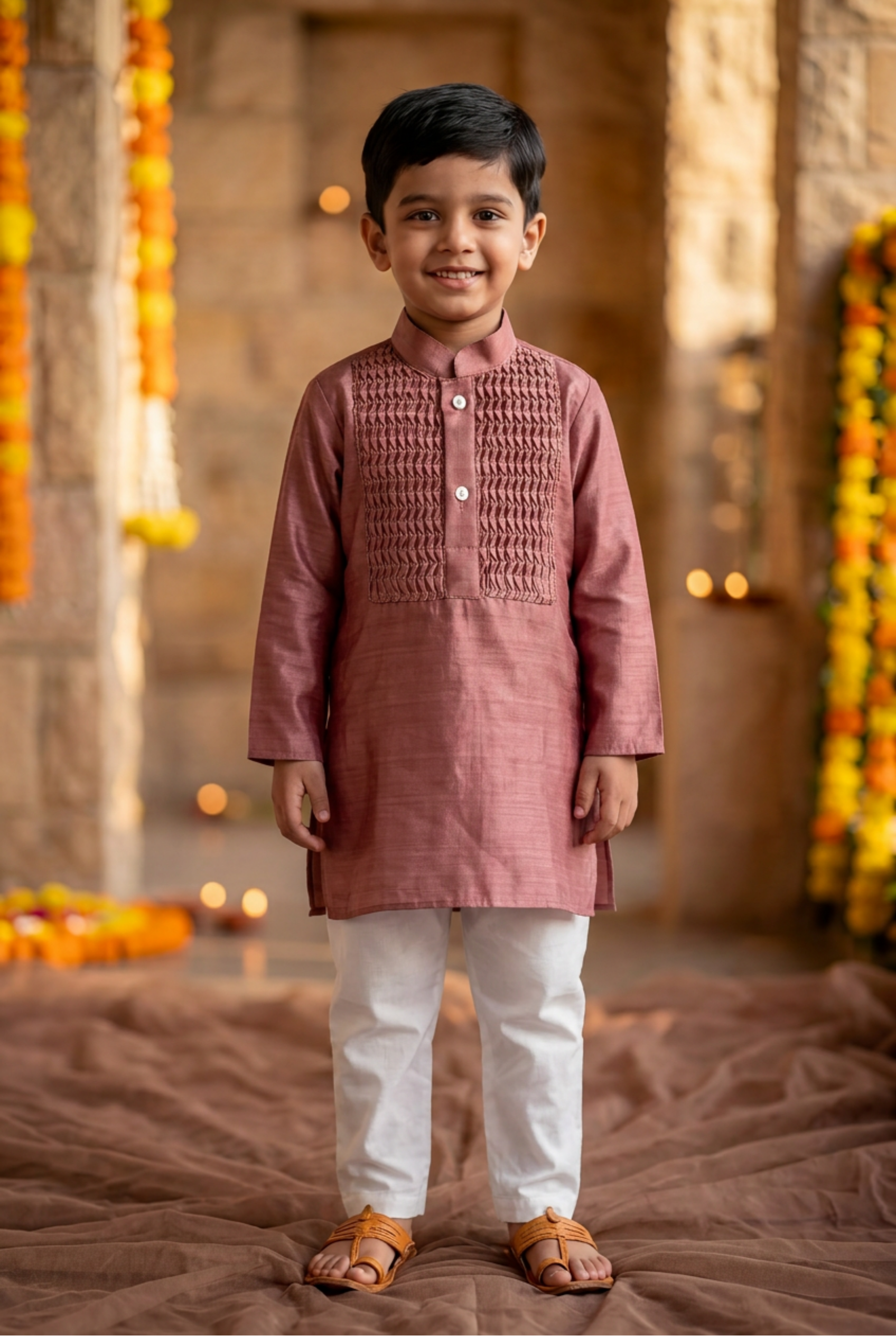 Honey comb kurta sei-Old rose
