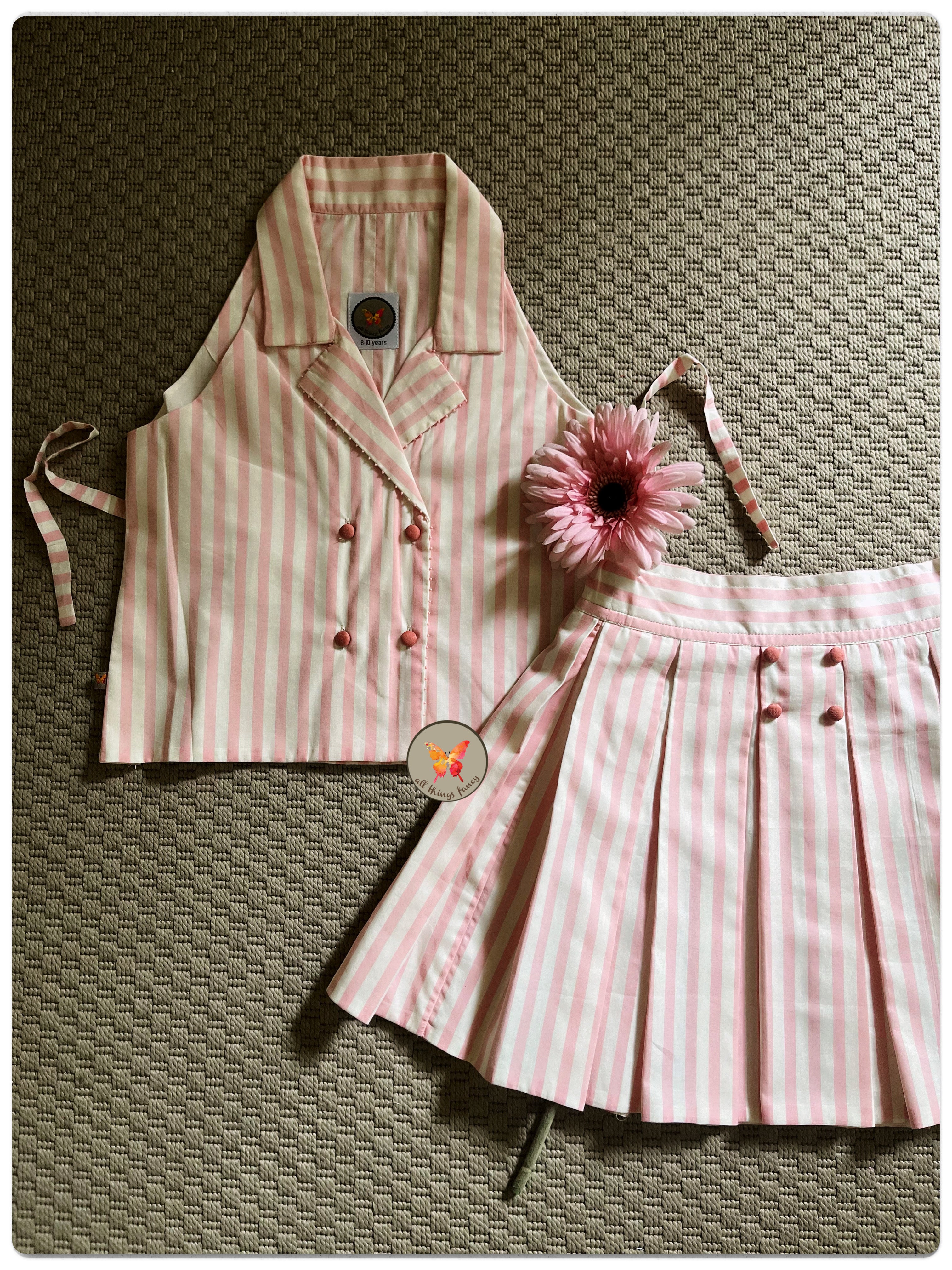 Striped Blazer-Skirt Cord Set/ pearl & pink