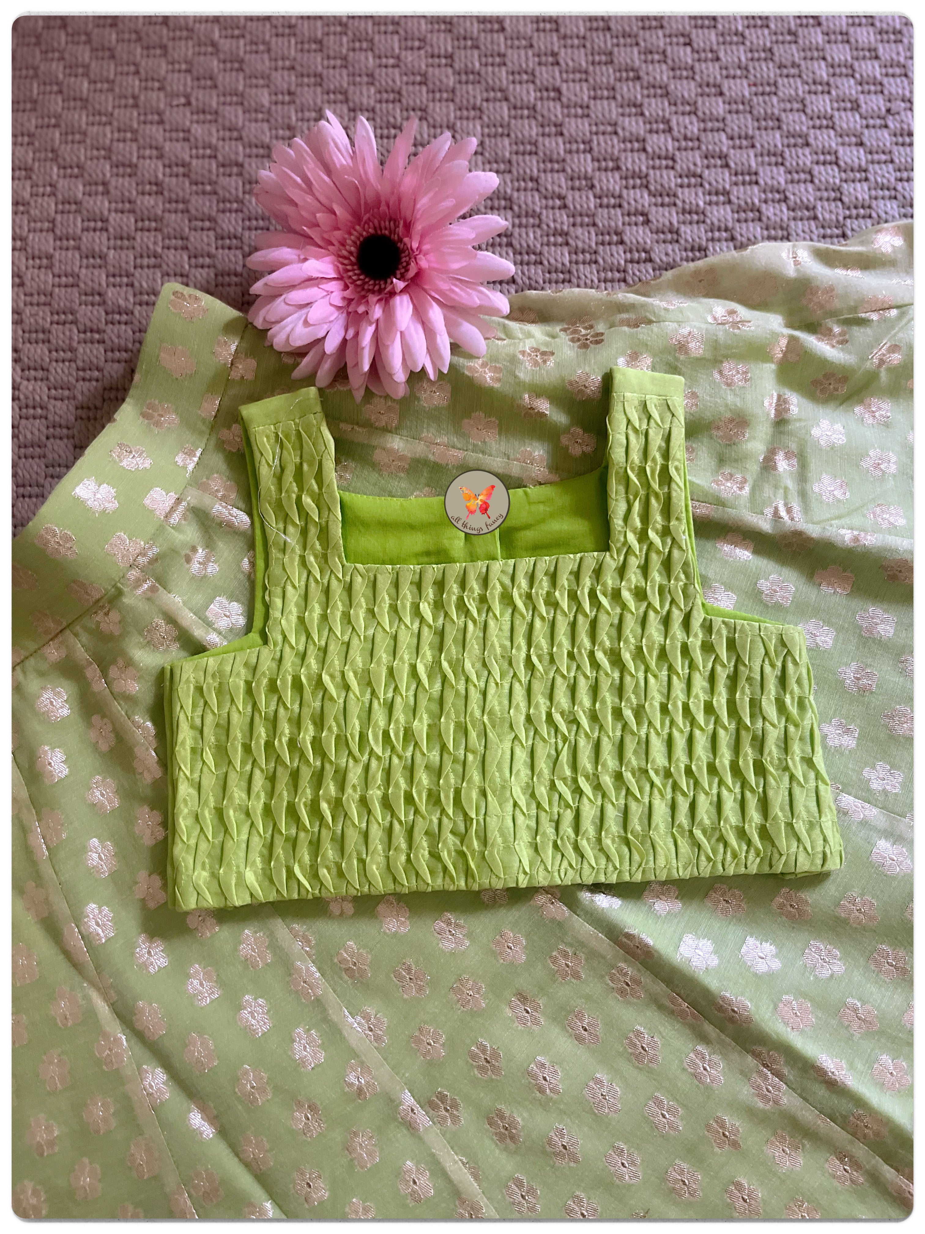 Chanderi Beneras Panelled Lehenga set- Lime Green
