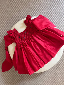 Honeycomb Bunny Tie Rosette Dress- Red