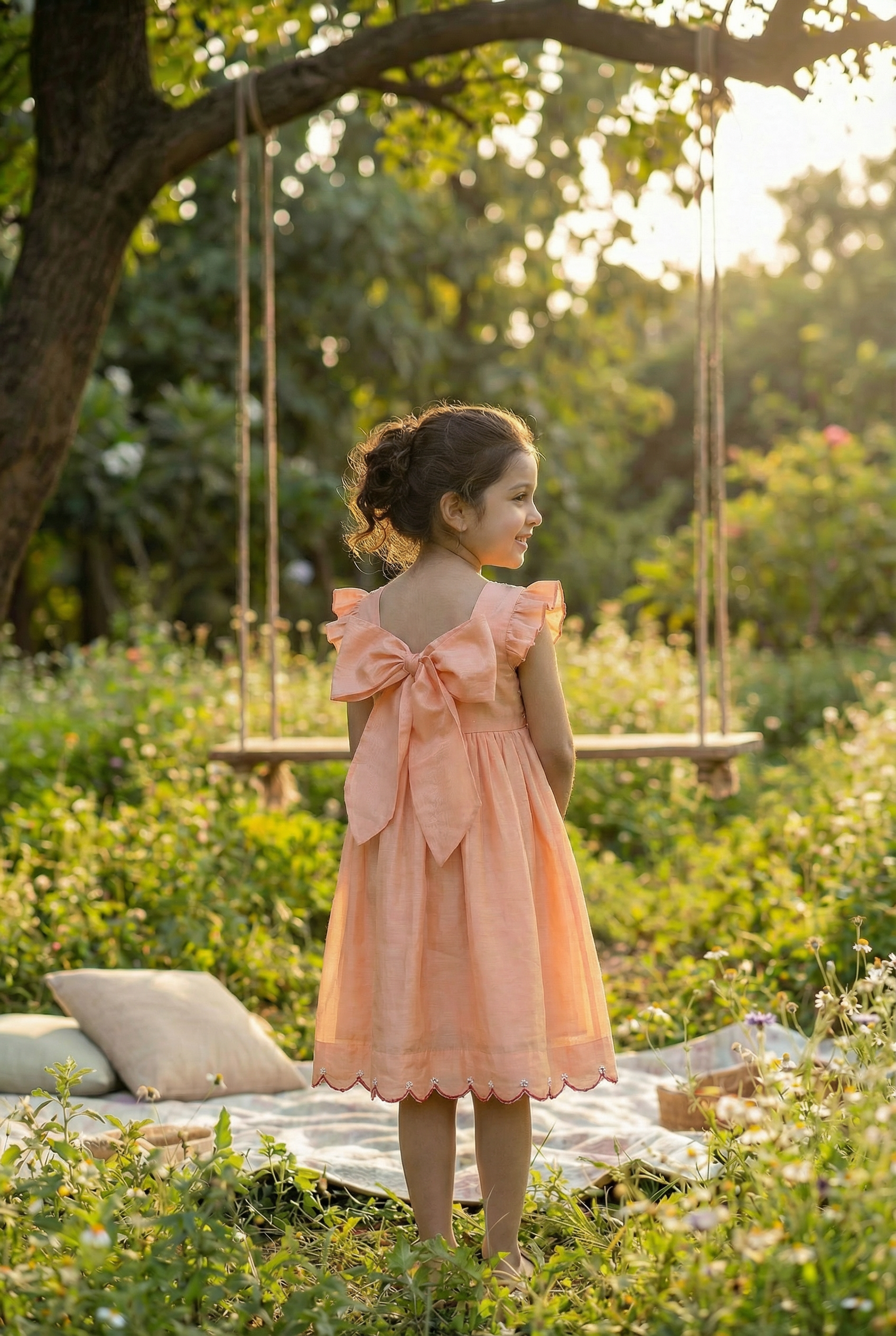 Bunny Tie Scallop Dress- Rose